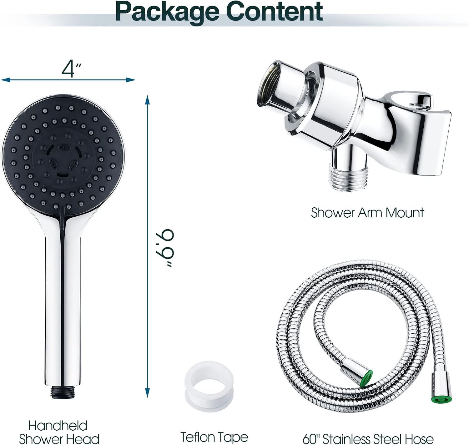 BRIGHT SHOWERS 5 Spray Settings Handheld Shower Head Kit, High Pressure Handheld Rain Shower with 60 Inch Long Stainless Steel Shower Hose and Adjustable Wall Bracket, Chrome