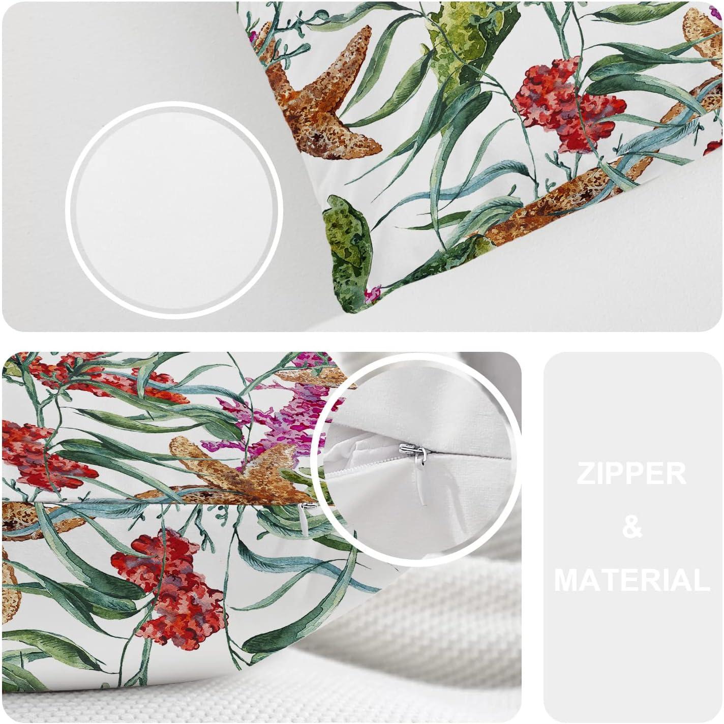 Coral Nautical Pillow Covers, Watercolor Sea Life Pattern with Seaweed Starfish Lumbar 12 x 20 Inches Decorative Throw Pillow Covers Cotton Cushion for Sofa Bedroom Car, Blue 04, Set of 2