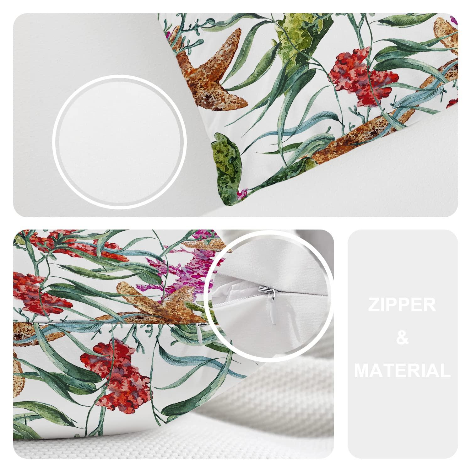 Coral Nautical Pillow Covers, Watercolor Sea Life Pattern with Seaweed Starfish Lumbar 12 x 20 Inches Decorative Throw Pillow Covers Cotton Cushion for Sofa Bedroom Car, Blue 04, Set of 2