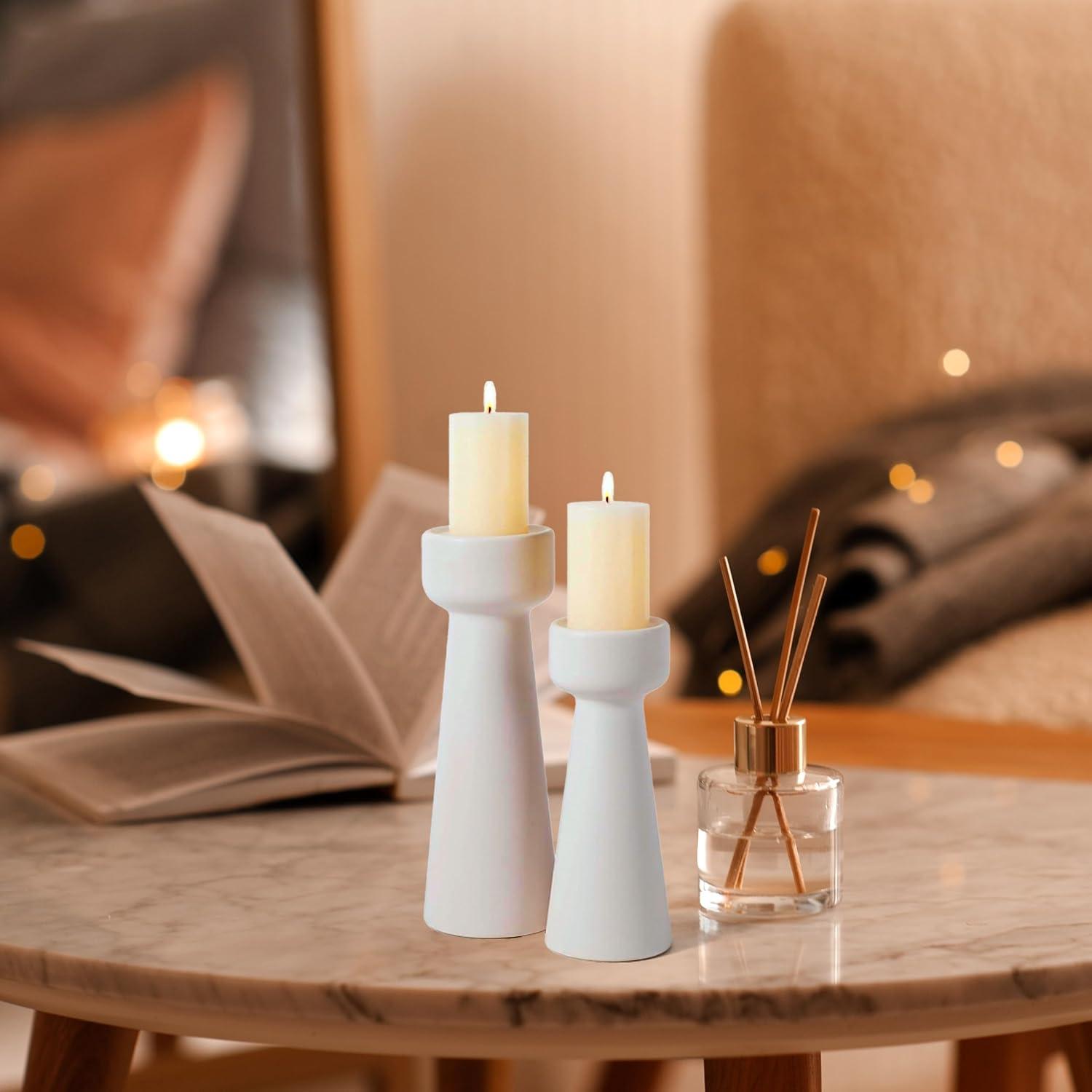 Hokku Designs Candle Holders Ceramic White Taper S&L Set Of 2 Matte Stylish Decorative Candlestick Holders