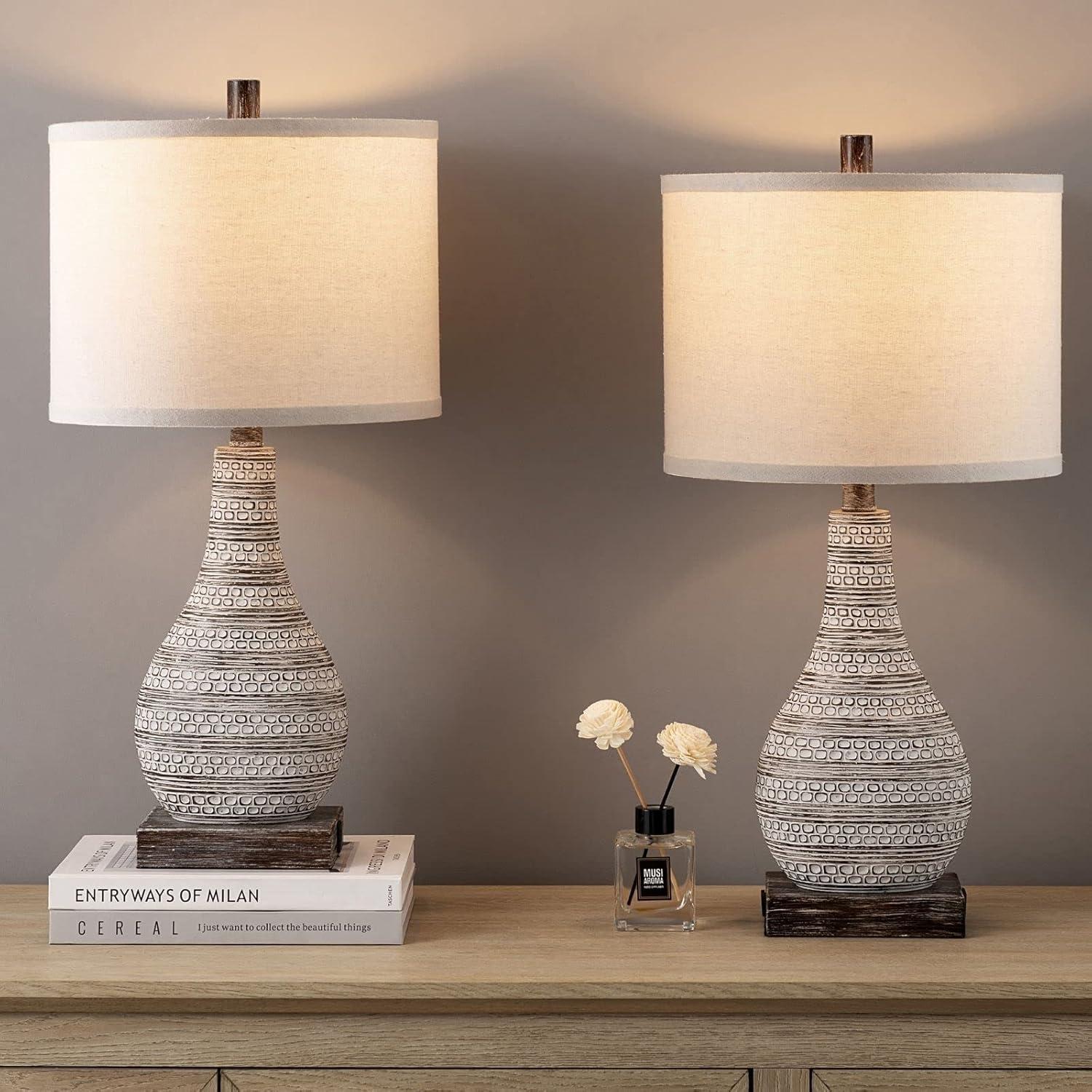 Sana 24'' Distressed Brown Farmhouse Table Lamp Set with USB Ports