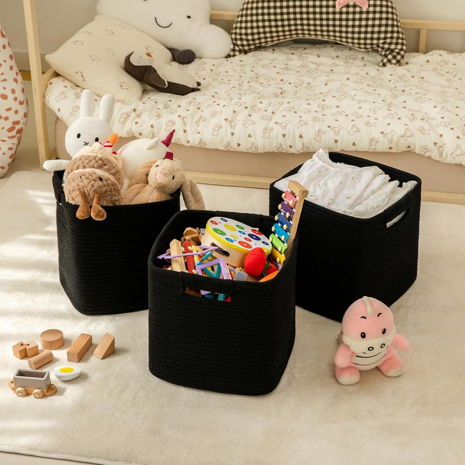 Storage Cube Baskets for Organizing-3 Pack - 11 inch Square Baskets for Cube Storage Closet Storage Bins- Woven Cube Storage Bins for Shelves- Cube Drawer-Toy Storage |White & Black