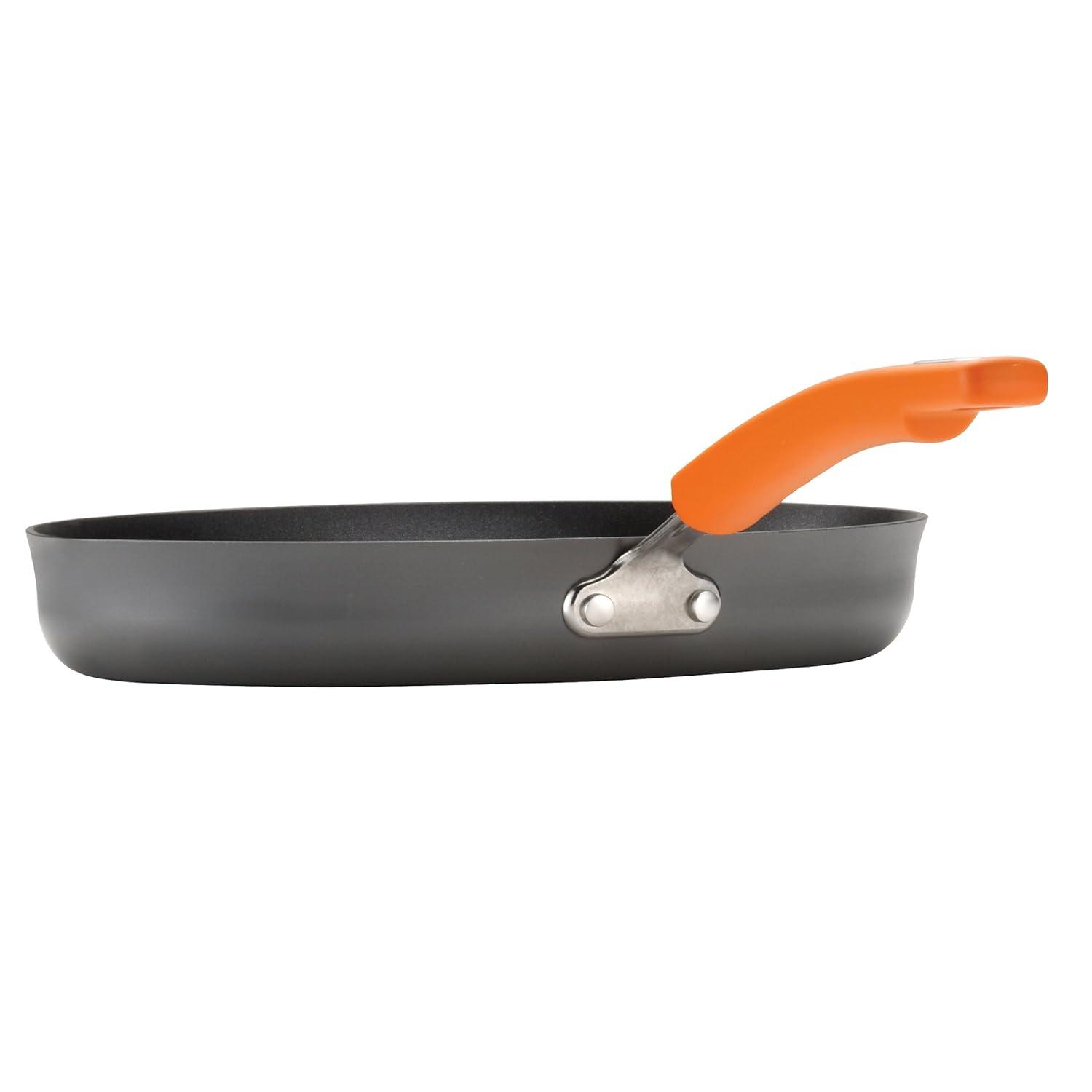 Rachael Ray 11-Inch Hard-Anodized Nonstick Deep Square Grill Pan, Gray with Orange Handle