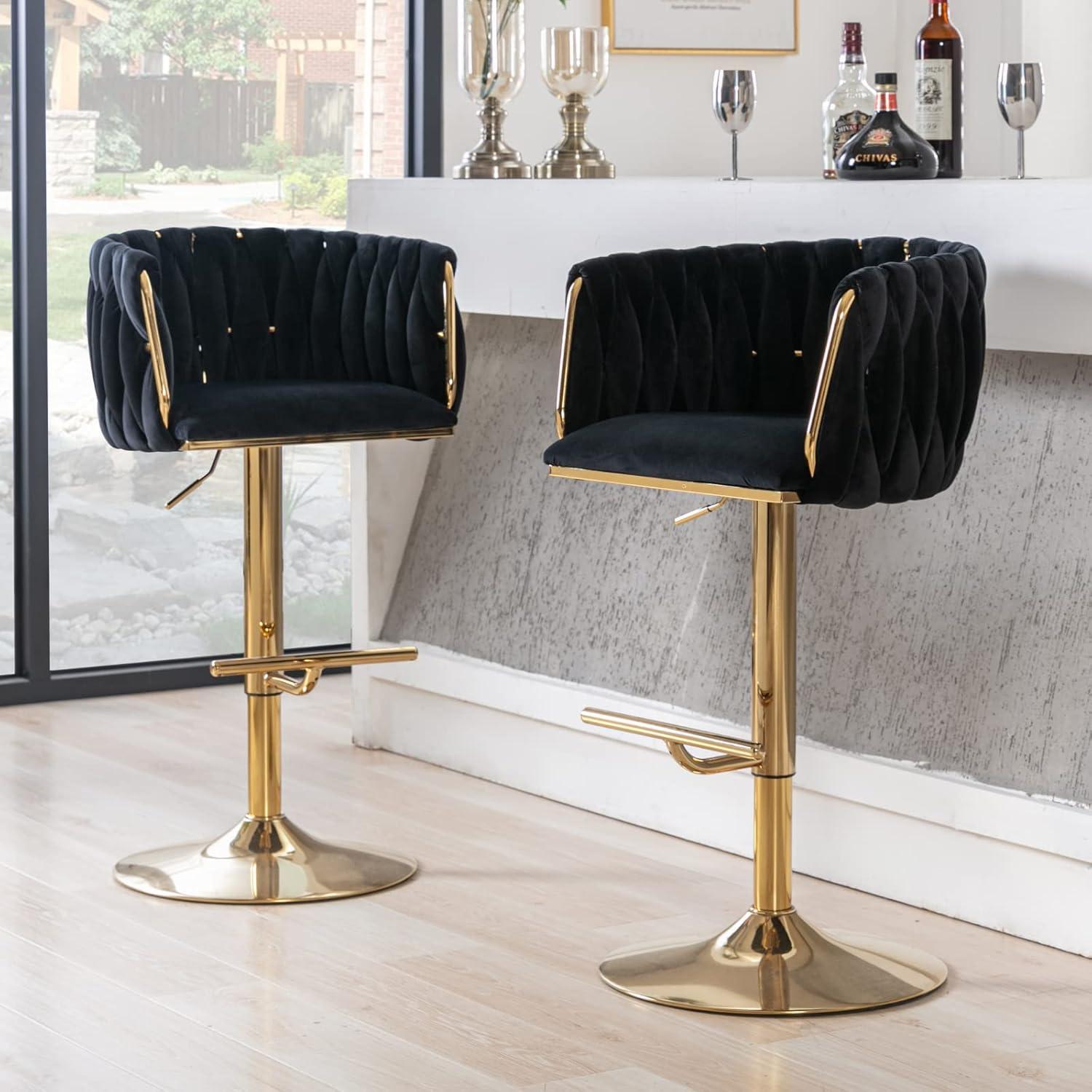 Velvet Bar Stools Set of 2, Counter Height Bar Stools with Low Back, Gold Swivel Barstools for Kitchen Island, Bar Pub (Grey)