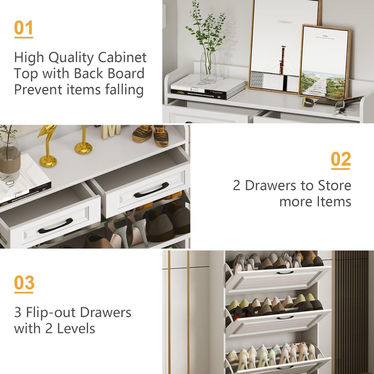 Miniyam Shoe Cabinet, Flip Down Freestanding Shoe Rack with Drawers, Entryway Shoe Storage Organizer, White