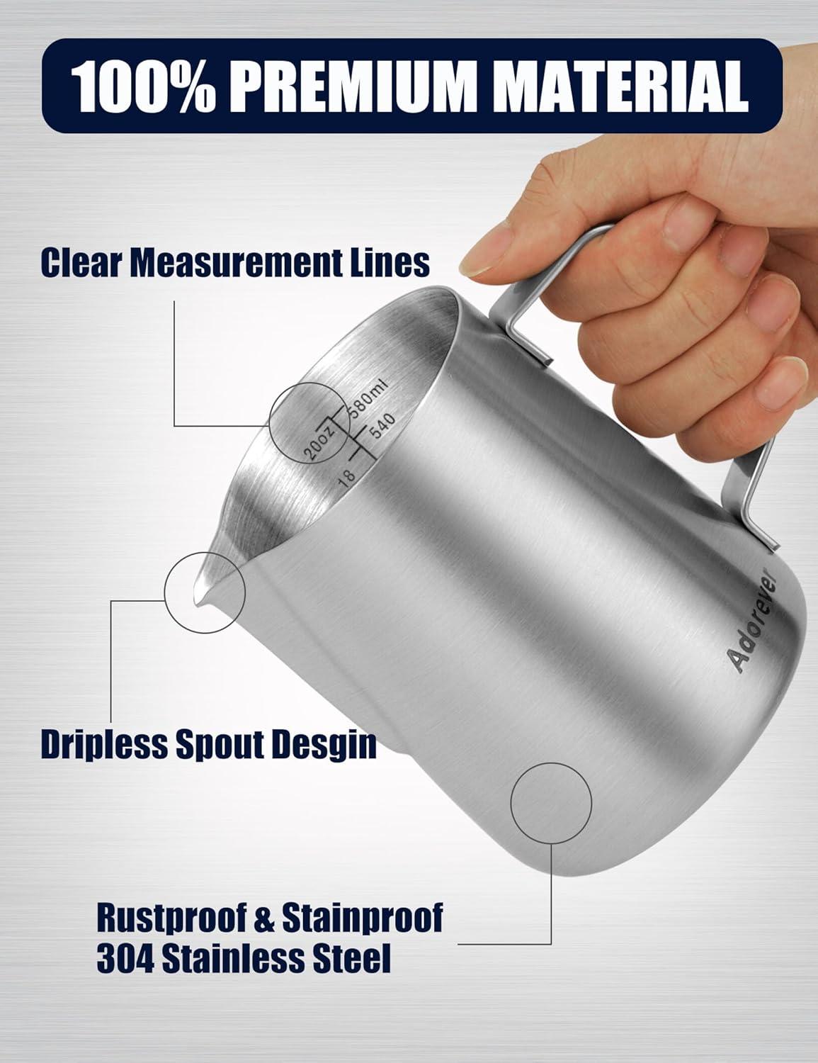 Milk Frothing Pitcher, 20oz Stainless Steel Milk Frother Cup Steaming Pitcher, Coffee Bar Cappuccino Espresso Machine Accessories Barista Tools, Metal Pitcher Milk Jug with Decorating Latte Art Pen