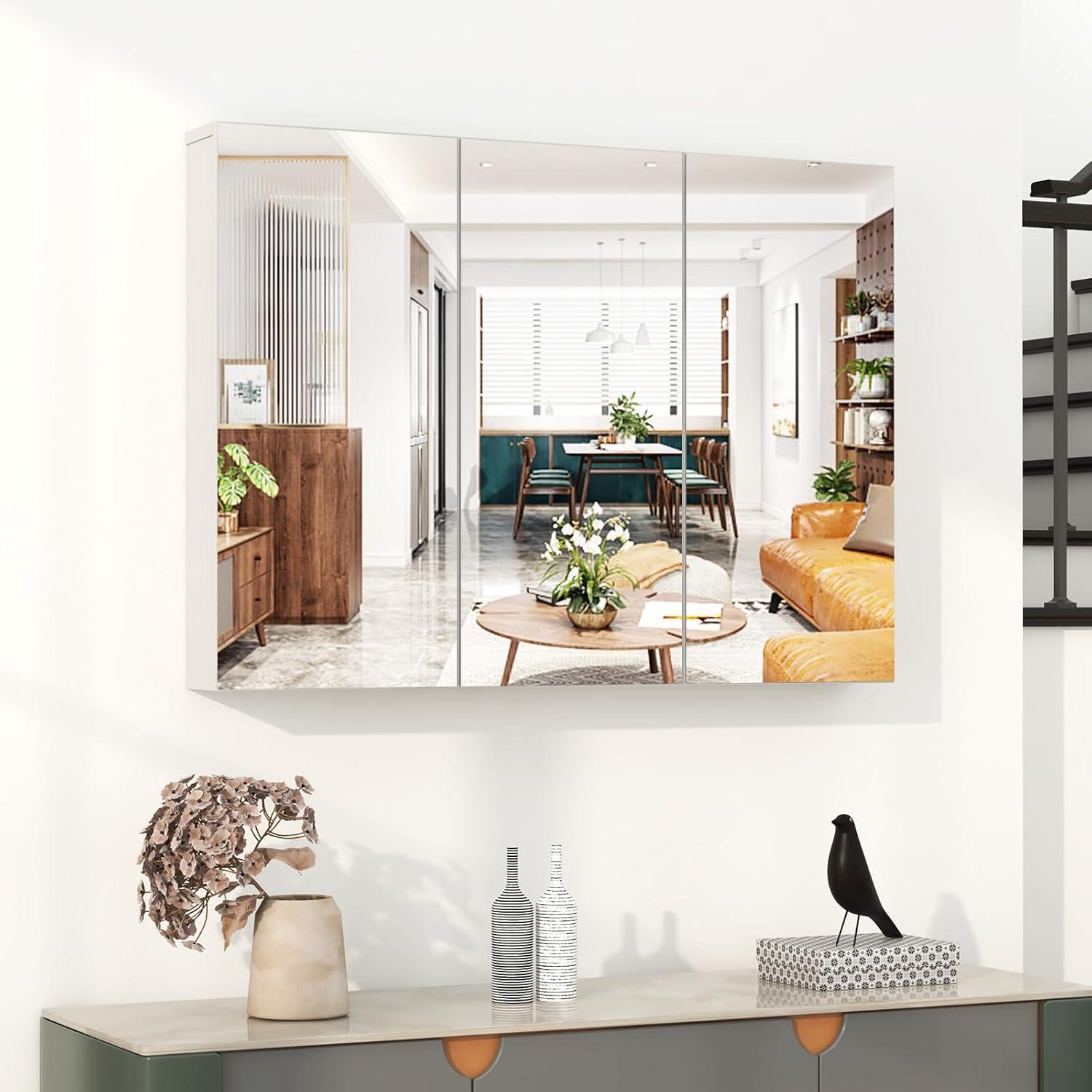 Tangkula Mirrored Medicine Cabinet, Large Wide Wall Mounted Storage Cabinet with 3 Mirror Doors & Adjustable Shelf, Hanging Bathroom Organizer, White, 36 x 4.5 x 25.5 Inches