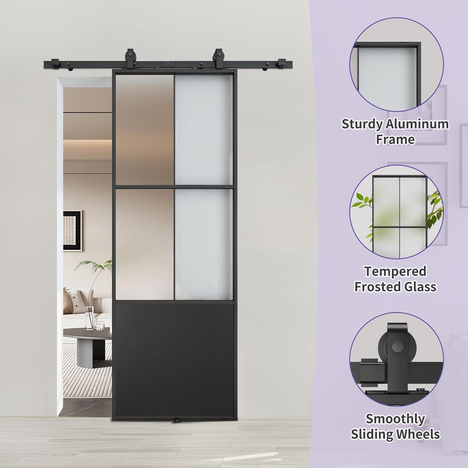 Black Aluminum and Frosted Glass Sliding Barn Door with Hardware Kit