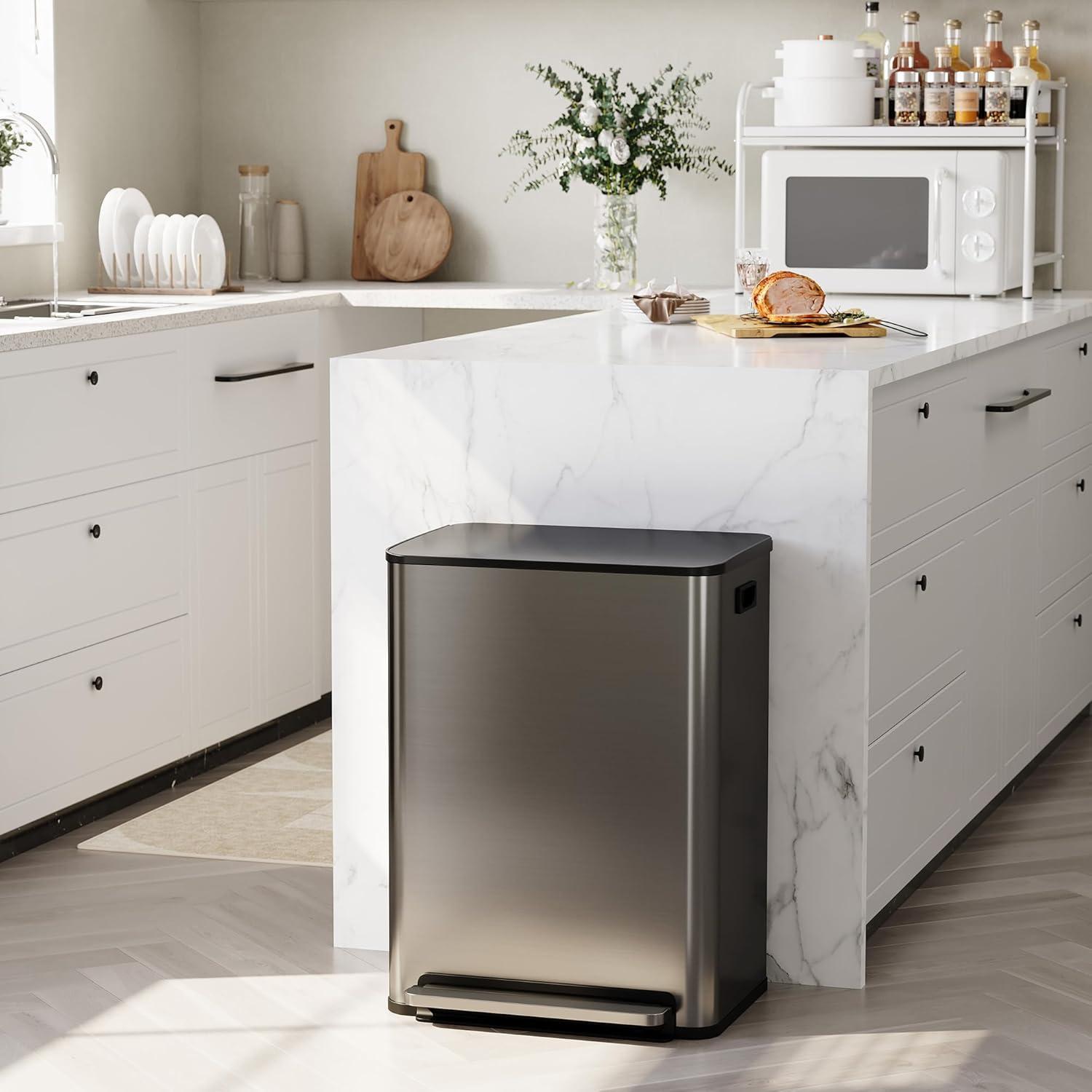GarveeHome 60L/16 Gal Kitchen Trash Can,2×8 Gal Pedal Trash Bin with Removable Baskets,Stainless Steel Garbage Can for Kitchen Office Restaurant School Hospital