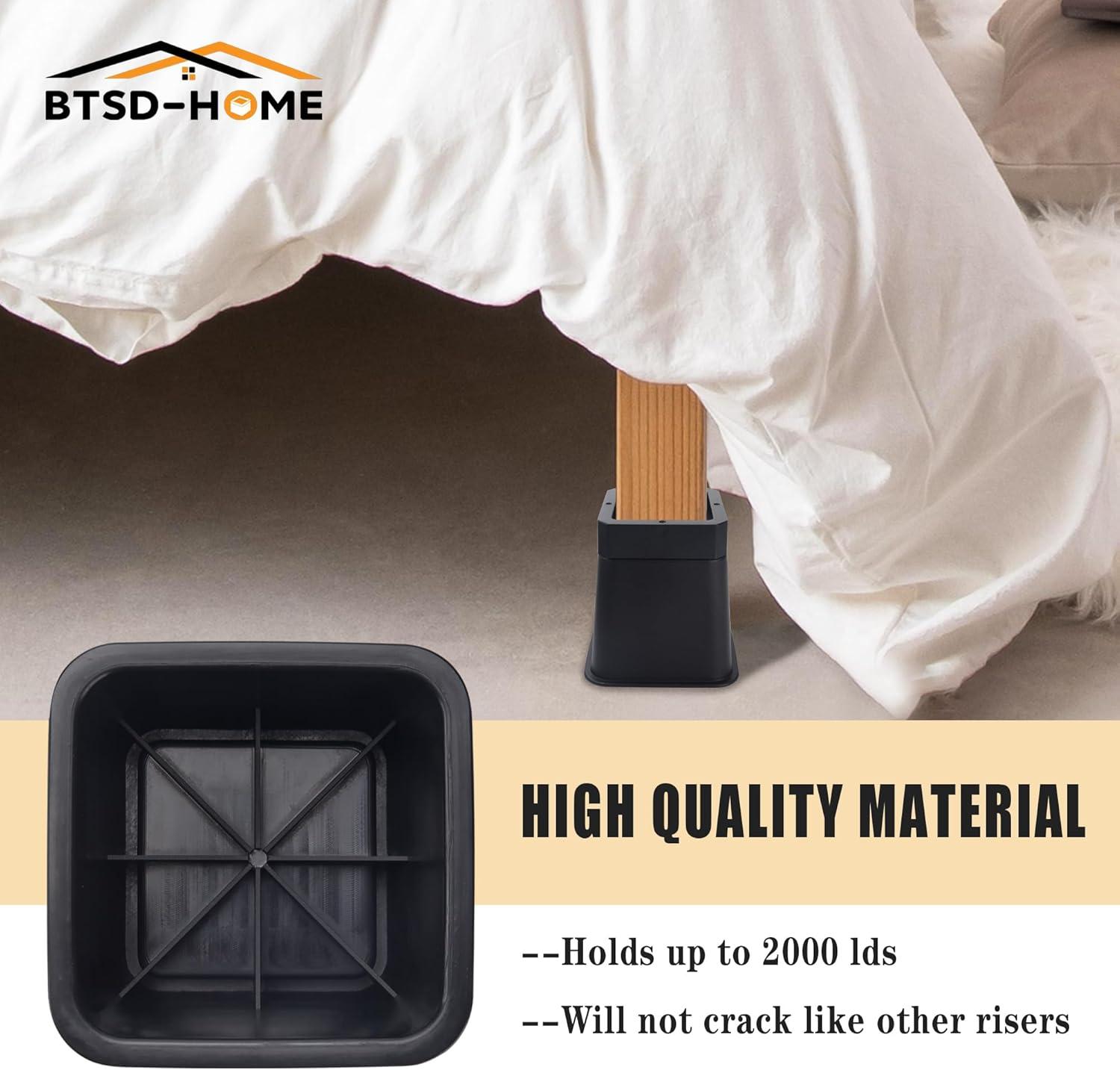 BTSD-home 3" or 6" Stackable Plastic Bed Risers, Black, 4 Pack