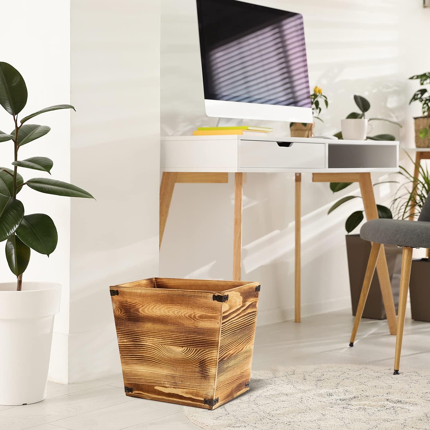 Brown Torched Wood Square Trash Can with Metal Brackets