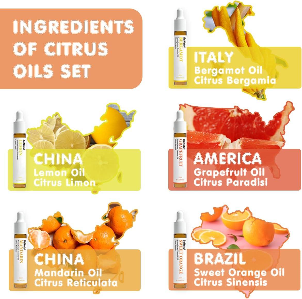 Benatu Citrus Essential Oils Set for Diffuser (Lemon, Sweet Orange, Grapefruit, Bergamot, Mandarin), Natural Fruity Home Fragrance Gift for Women & Men, Aromatherapy Oils for Skin, Candle & Soap