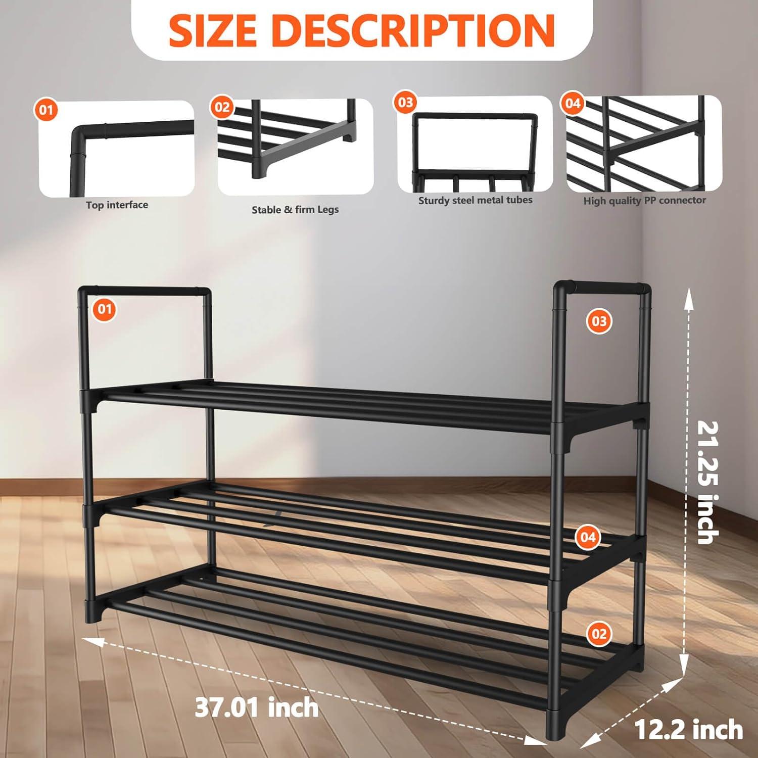 YASONIC Shoe Rack Storage Organizer, 3-Tier Black Shoe Shelf, 24 Pairs, Iron Poles & Plastic Connectors