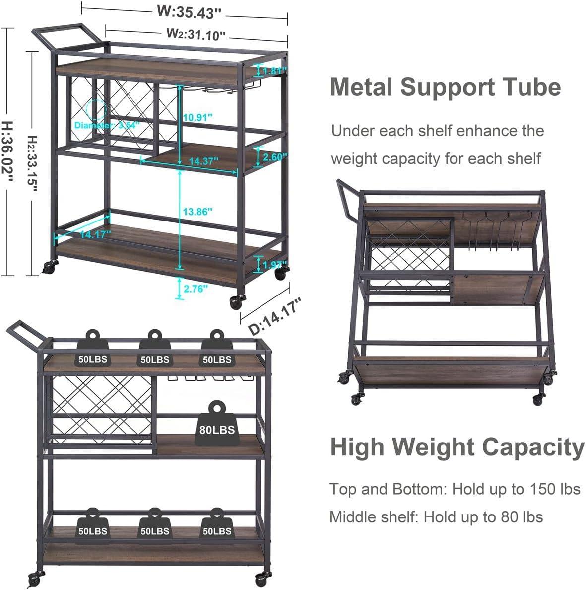 Costway 3-tier Bar Cart on Wheels Home Kitchen Serving Cart with Wine Rack & Glass Holder Rustic Brown