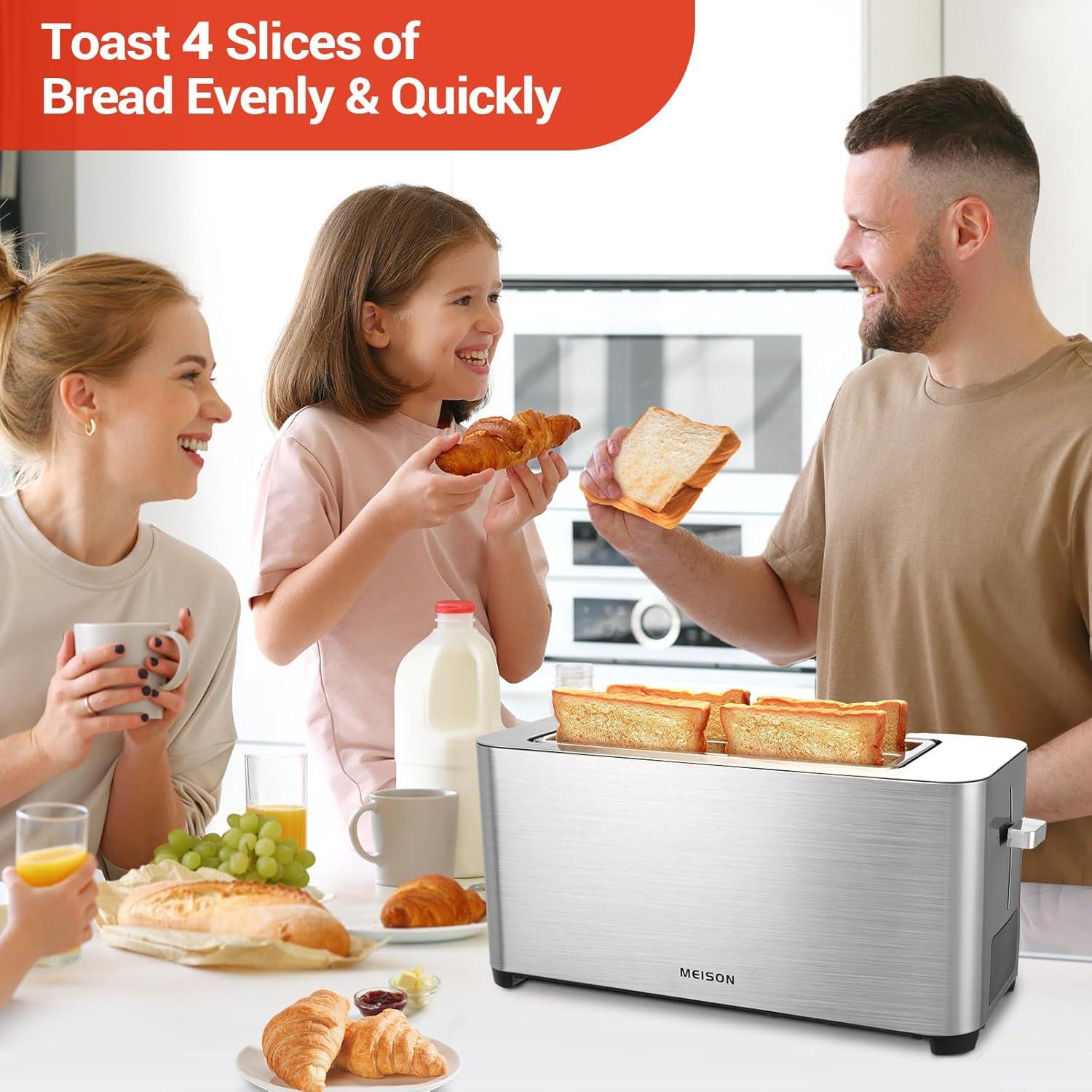 4 Slice Toaster with LED Timer Display, Stainless Steel Bread Toasters with Long Extra Wide Slots, 6 Bread Shade Settings, Bagel/Defrost/Cancel Function, Removable Crumb Tray, 120V/1300W
