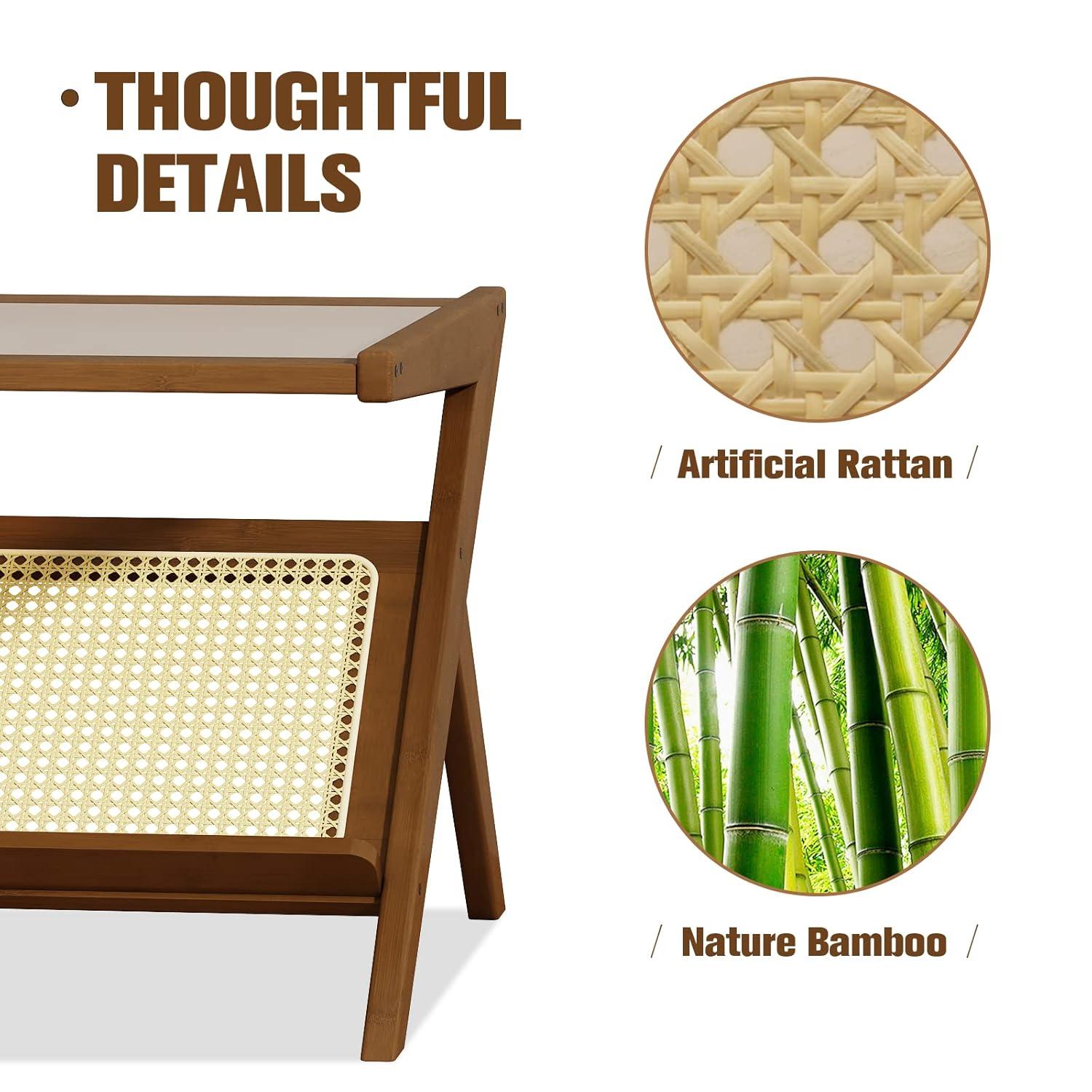Bamworld Mid-Century Modern Coffee Table with Glass Top Rattan Center Table with Storage for Living Room Table Brown