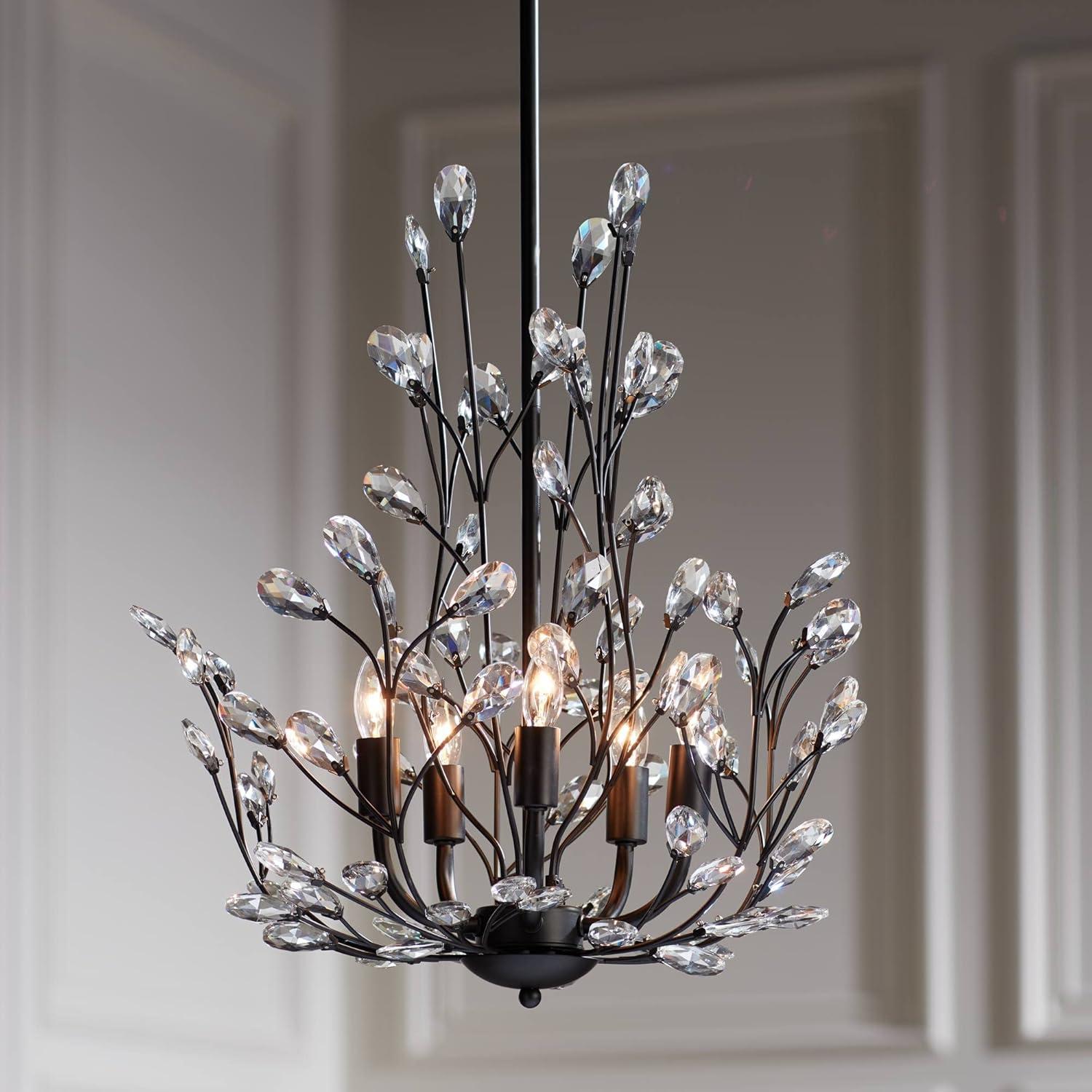 Regency Hill Aurine Matte Black Pendant Chandelier 18" Wide Modern Clear Crystal Glass Leaf 5-Light Fixture for Dining Room Foyer House Kitchen Island