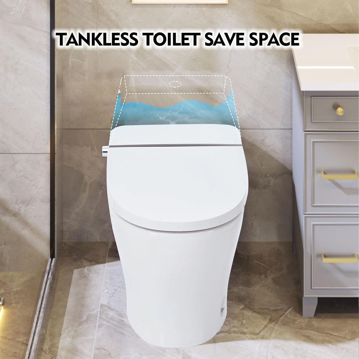Smart Toilet Bidet Combo With Self-Cleaning Nozzle,Upmarket Compact Dual Flush Toilet 1/1.28 GPF,Tank Less Toilet With Foot Sensor Flush,White Night Light,Knob Control,Power Outage Flushing,Soft Close