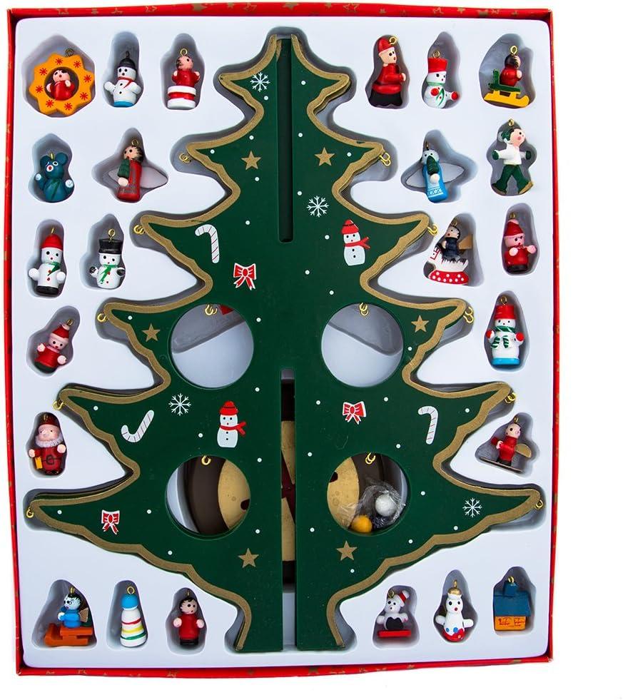 Kurt Adler 11.75" Wooden Tree with Miniature Wooden Ornaments, 25 Piece Set