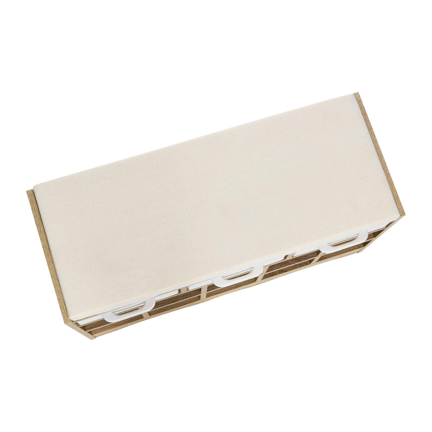 Household Essentials Entryway Storage Bench with 3 Beige Drawers 10 Shoe Compartments and Cushioned Seat in Coastal Oak Rustic Wood Grain