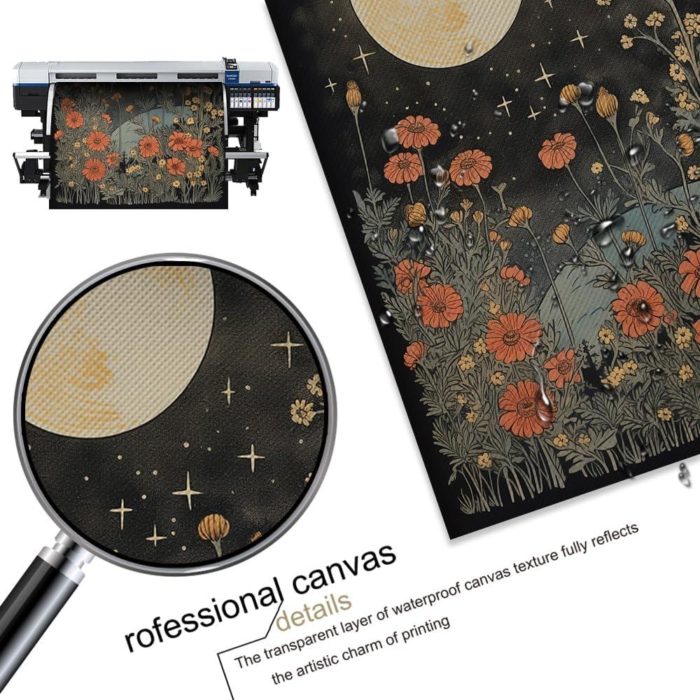 Celestial Star Canvas Wall Art，Vintage Poster，Dark Aesthetic Moon Stars and Flowers Decor, Prints Goth Room Picture Witchy Gothic Wall Decor for Living Room Bedroom 12 x 16 in Unframed