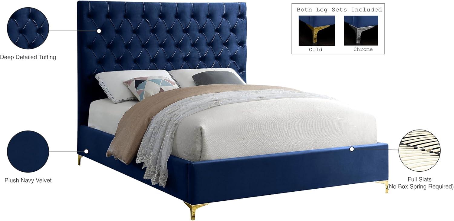 Meridian Furniture Cruz Solid Wood Tufted Velvet Queen Bed in Navy