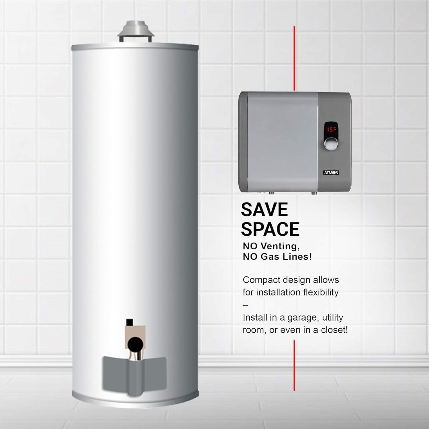 Atmor 24kW 4.65 GPM Electric Tankless Water Heater, ideal for 2 bedroom home, up to 5 simultaneous applications