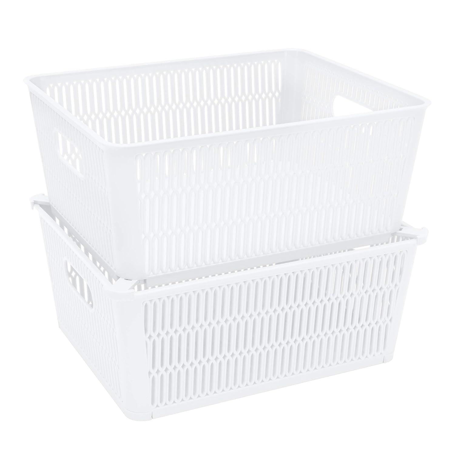 Simplify Slide 2 Stack It 2 Pack Plastic Storage Tote Baskets in White