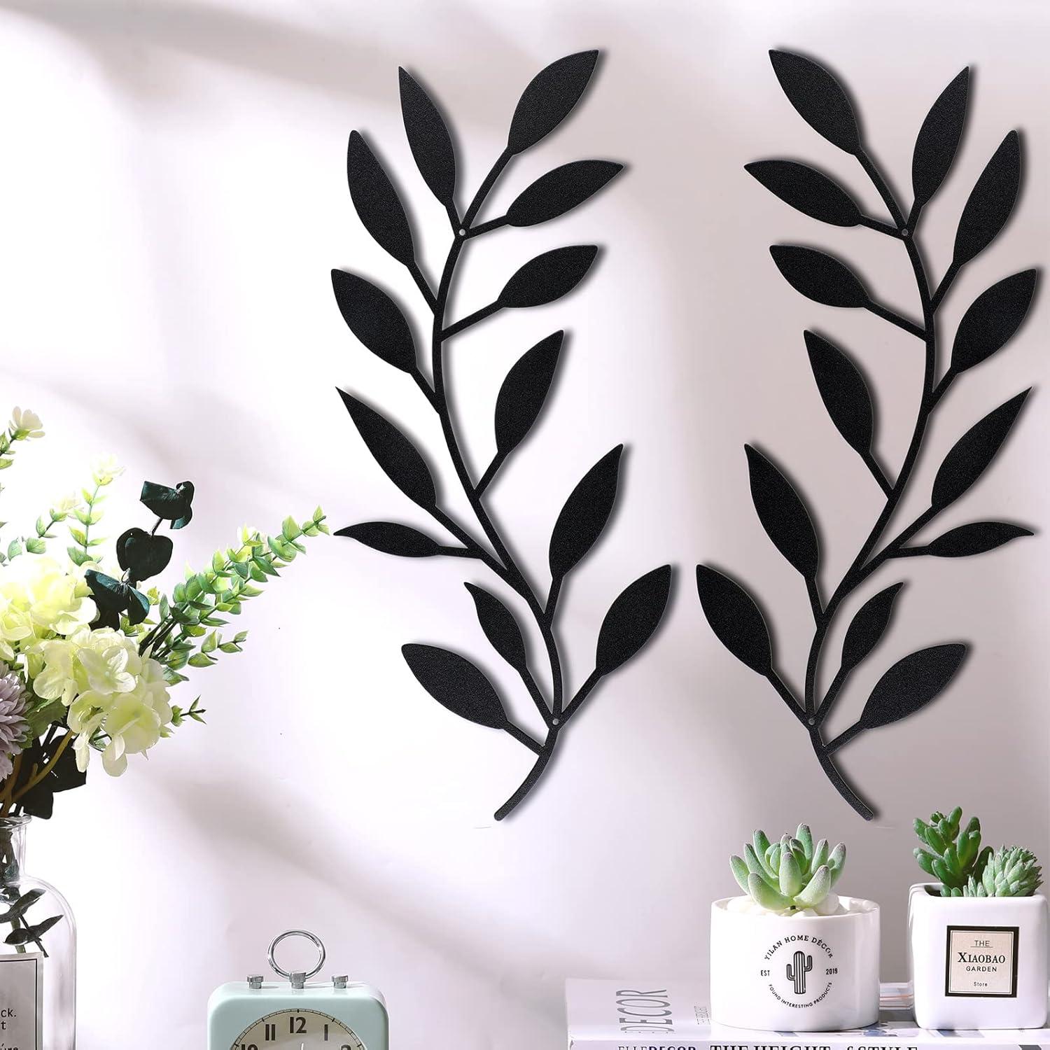 2Pcs/Set Leaf Wall Decor Symmetrical Easy to Hang Black Wrought Iron Scroll Sculpture Metal Olive Branch Tree Leaves Wall Art Above The Bed-A