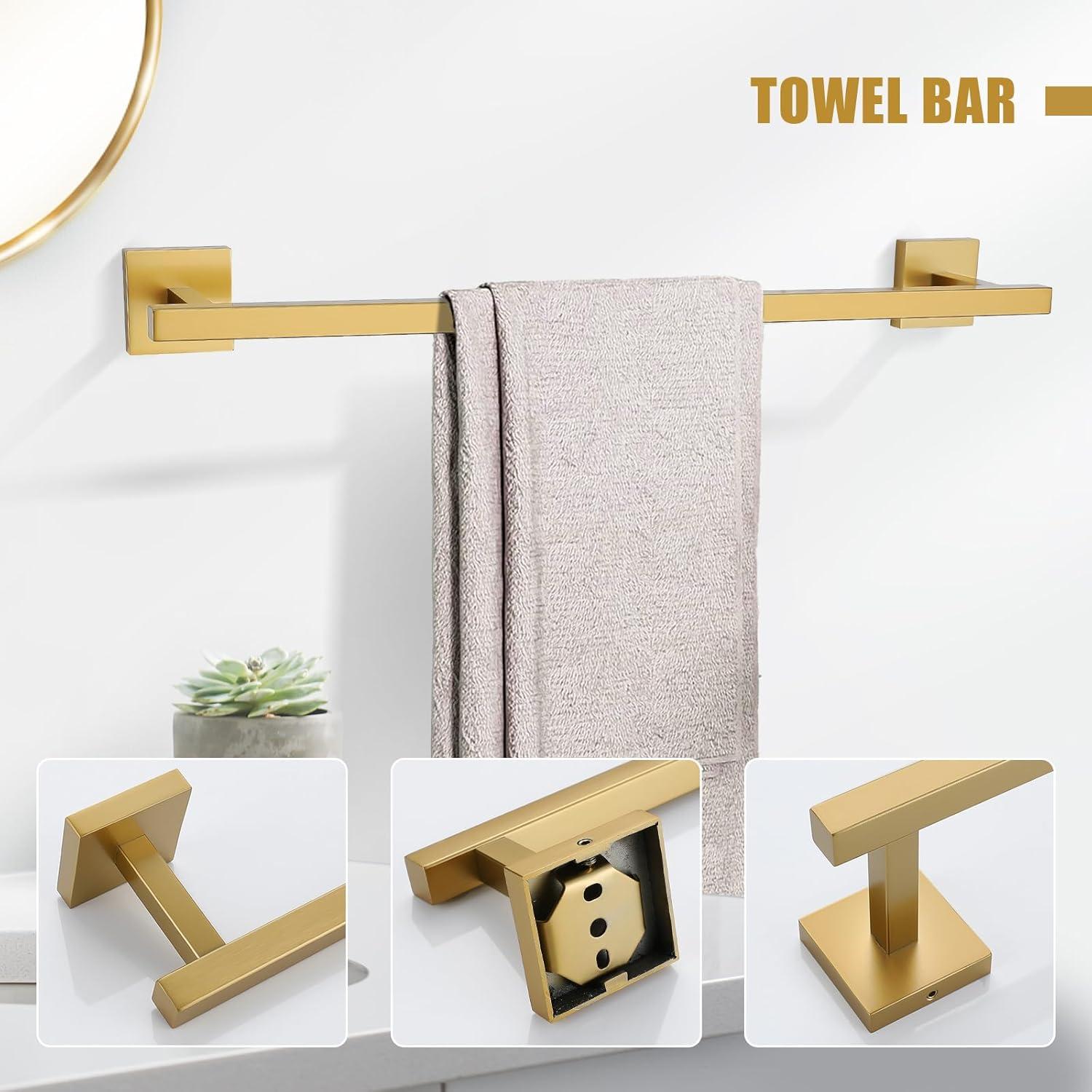 Towel Bar Set Brushed Gold 5-Pieces Bathroom Hardware Set SUS304 Stainless Steel Towel Holder Set 24 Inch Single Towel Bar Wall Mounted