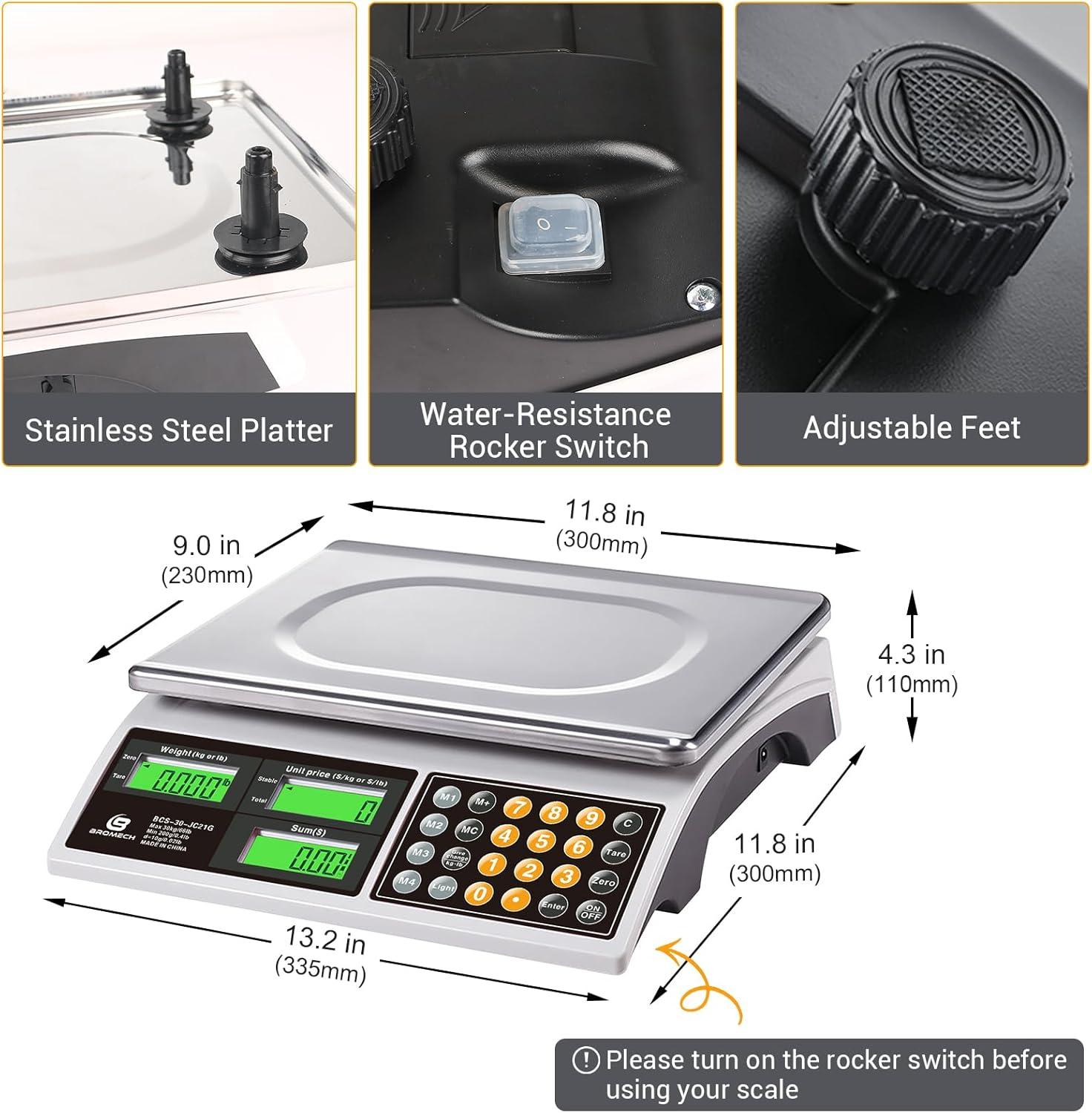 Bromech Price Computing Scale 66lb Digital Commercial Food Meat Produce Weighing Scale with Green Backlight LCD for Farmers Market Retail Outlets Dry Battery Powered