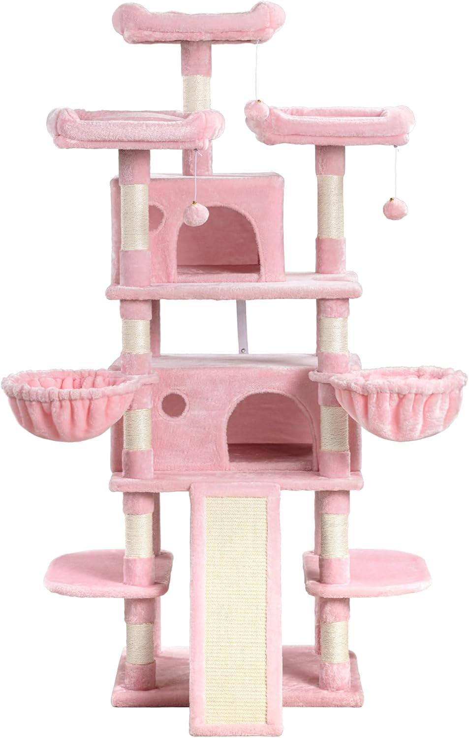 68 Inches Multi-Level Large Cat Tree/Cat Tower for Indoor Cat/Tall Cat Climbing Tree with Cat Condo/Cozy Plush Cat Perches/Sisal Scratching Post/Wide Base Board/Hammocks/Cave/Pink