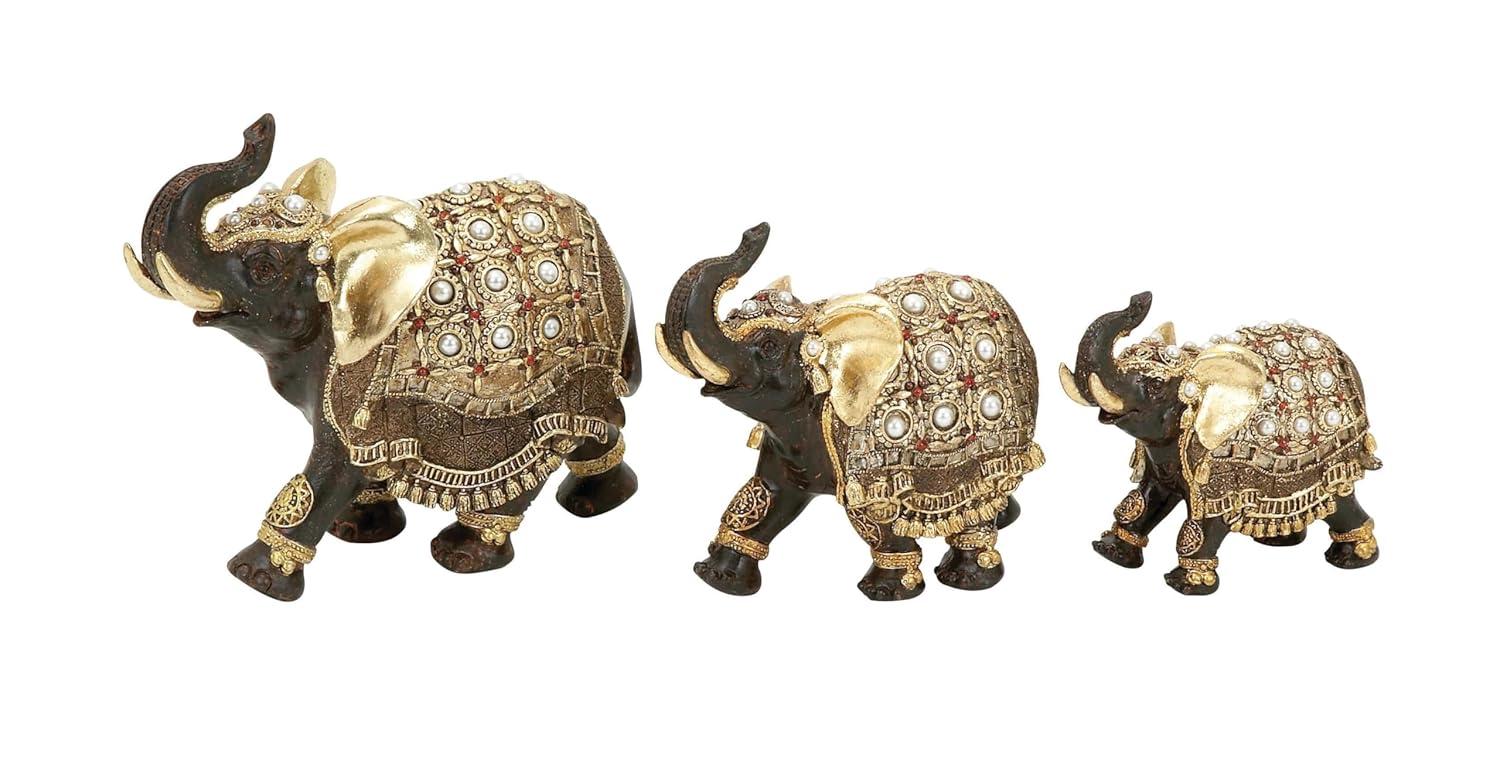 World Menagerie Alfhild Polystone Handmade Decorated Elephant Gold Sculpture with Ornate Dresswear and Pearl Accents Set