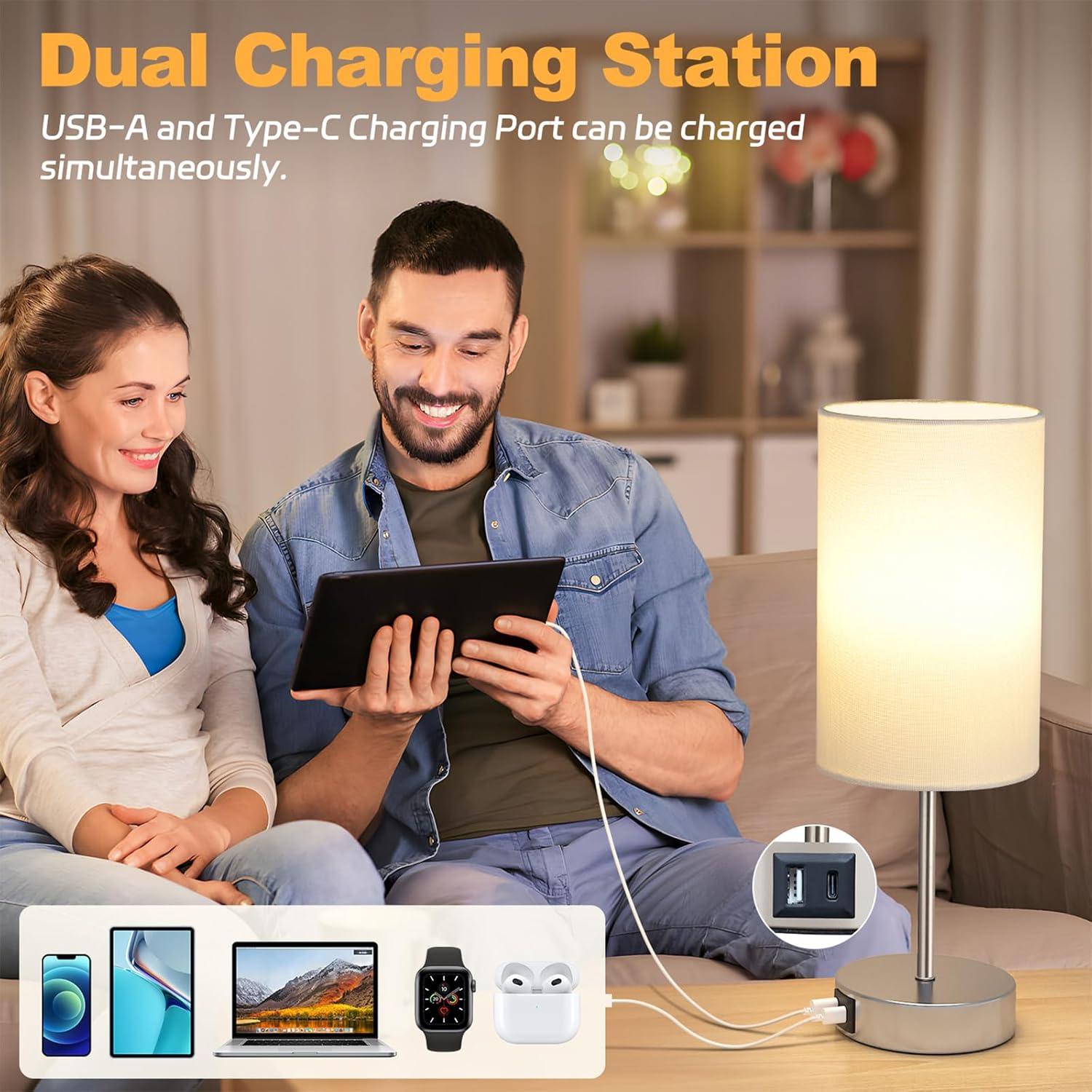Ebern Designs Table Lamp For Bedroom, 3 Way Dimmable Touch Lamp With Dual Charging Station, Small Bedside Lamps For Night Stands, Living Room, Office(LED Bulb Included)