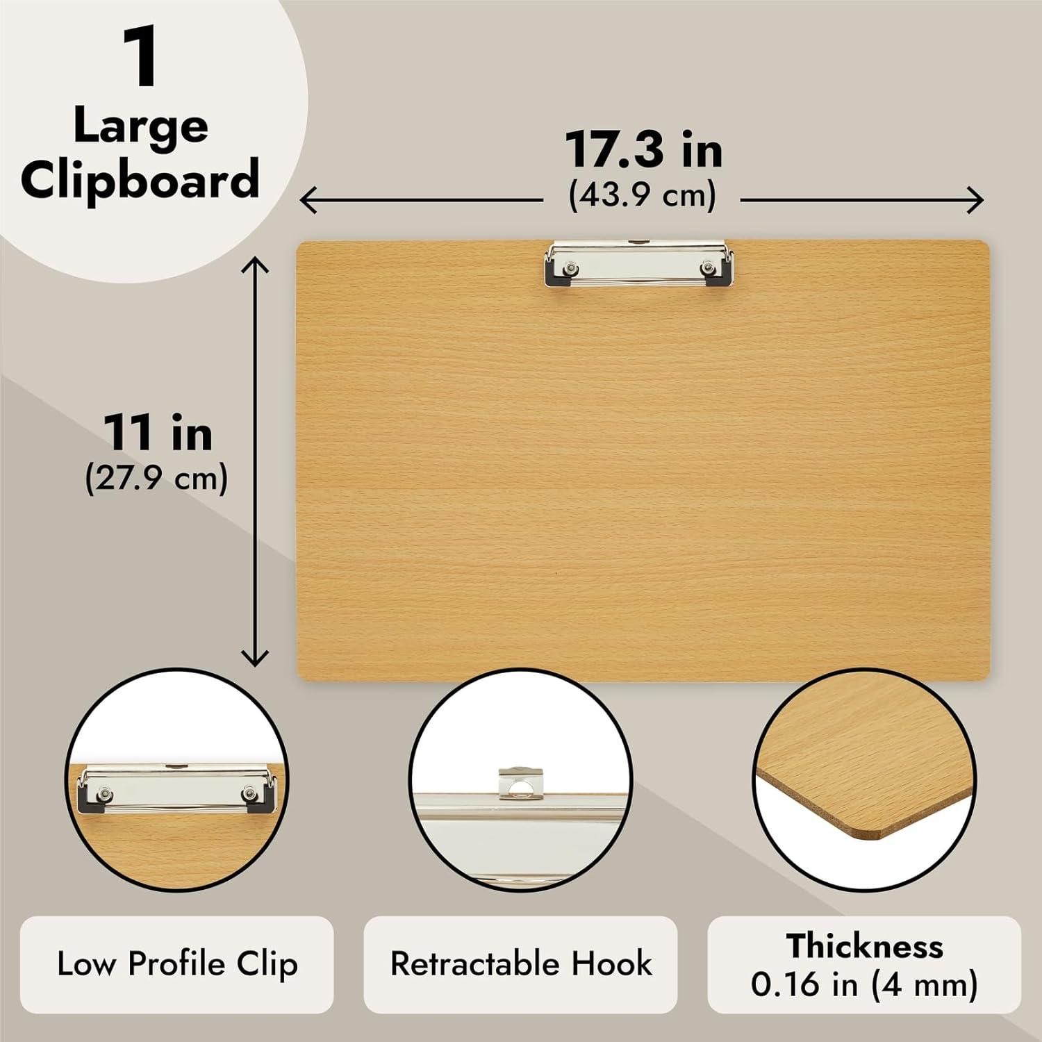 Juvale Extra Large Wooden Clipboard 11x17.3, Wood Horizontal Lap Board with Clip for Drawing Sketch, 3mm Thick