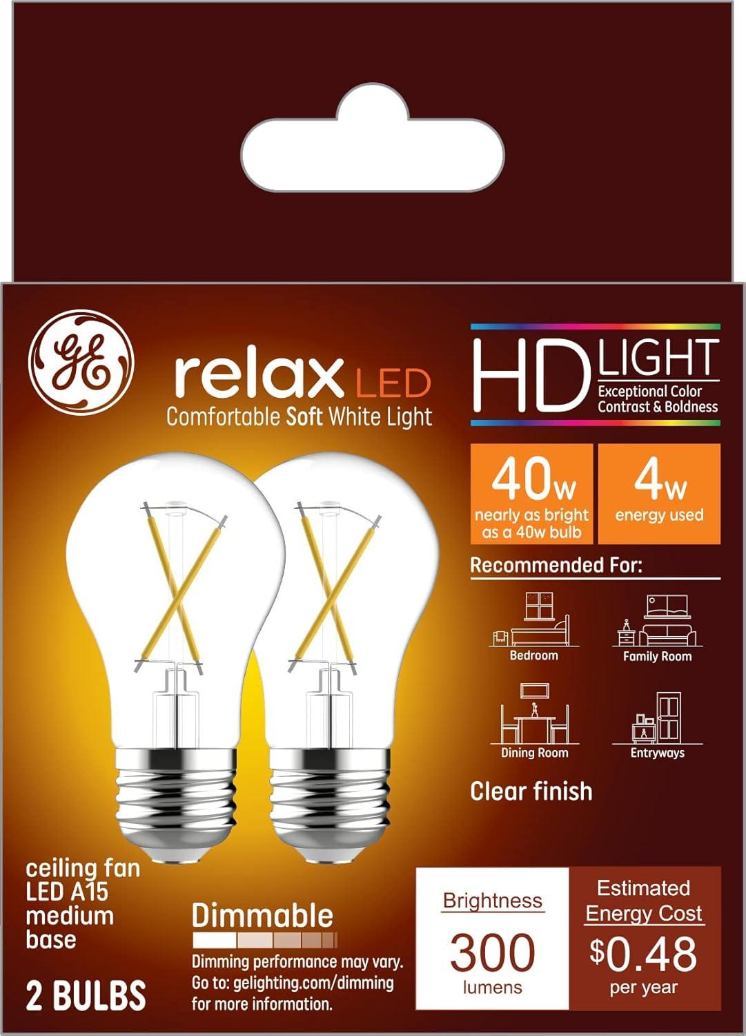 GE 2pk 40W Relax A15 LED Ceiling Fan Light Bulbs Soft White Clear: Warm Dimmable, 13.7-Year Life, E26 Base