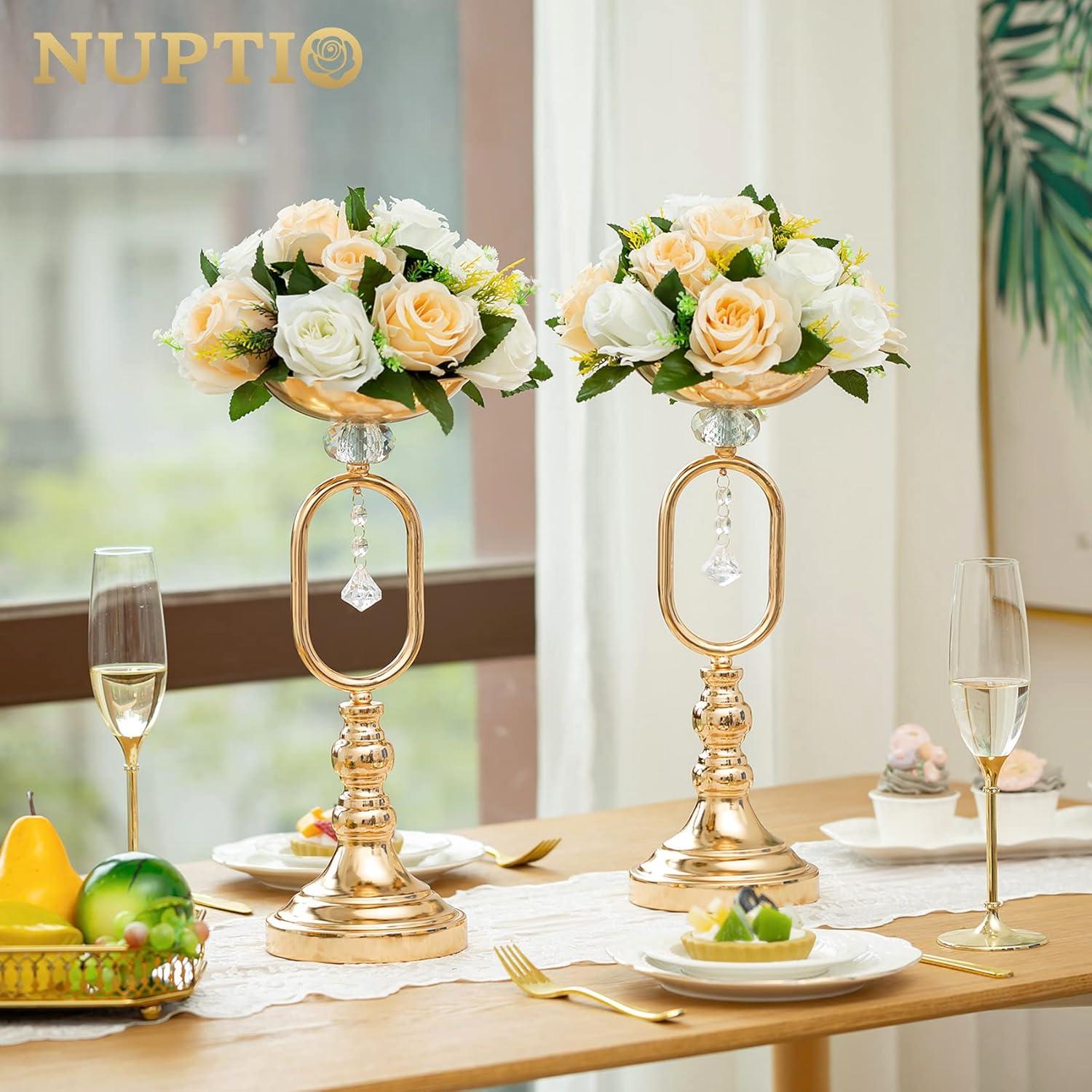 Nuptio Set of 10 Champagne Artificial Flower Kissing ball, 15 Heads Fake Peony Silk Rose Flowers Bouquet for Centerpiece Wedding Birthday Party Home Table Decor