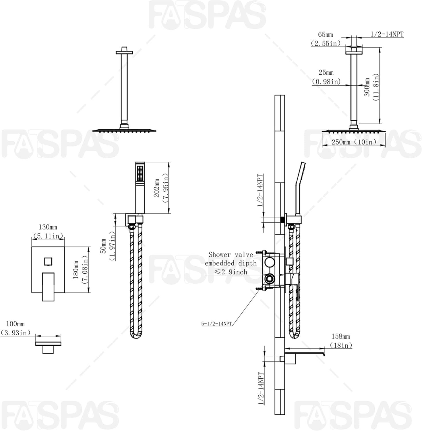 12" Ceiling Mounted Shower Head Pressure Balancing Rain Shower System with Rough-in Valve and Trim Kit