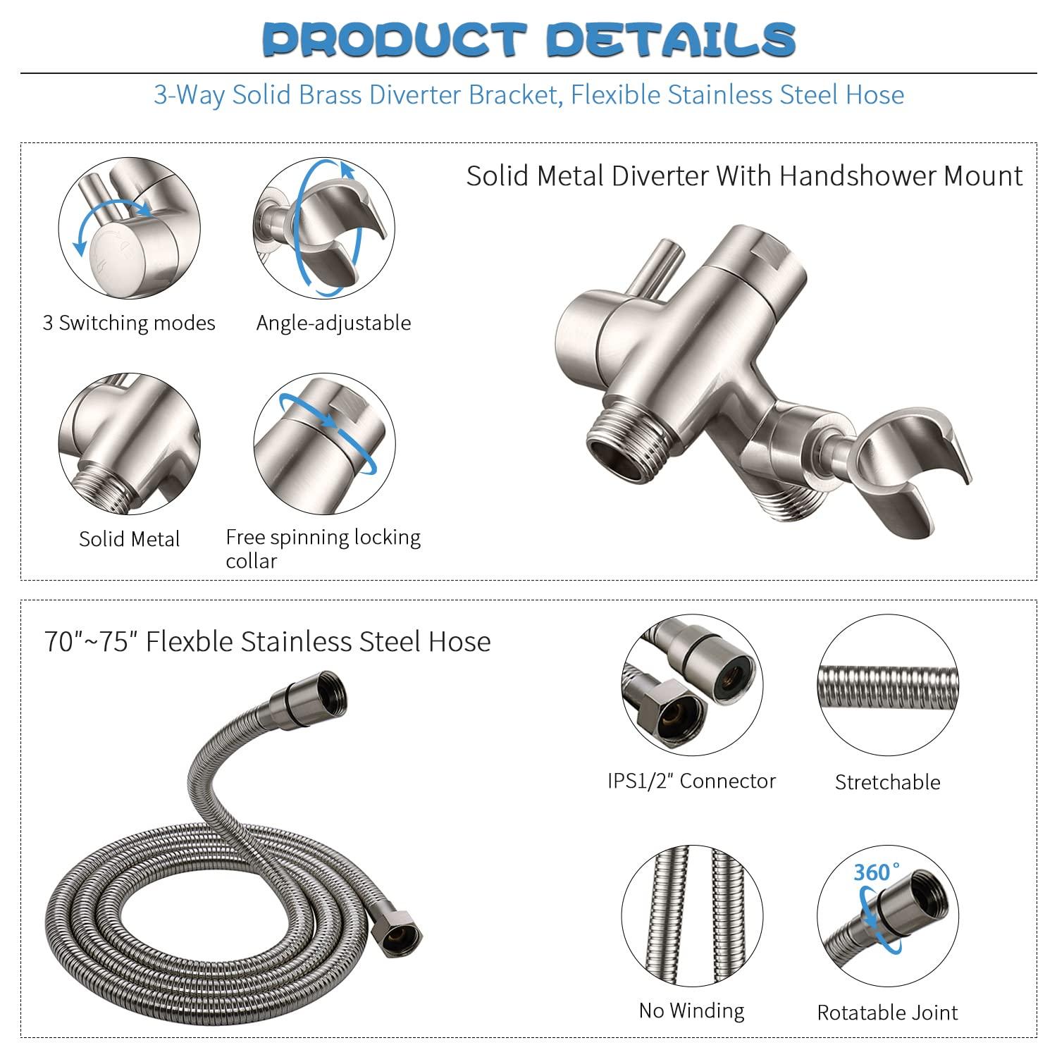 All Metal Shower Faucet Set, Dual Square Shower Head System with Handheld Wand & Rainfall Showerhead, Diverter, Hose Complete Combo, Pressure Balance Rough-in Valve Included