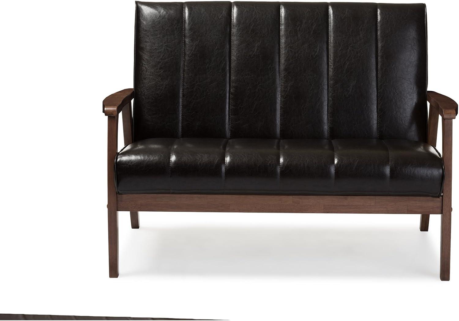 Nikko Mid-Century Modern Scandinavian Style Faux Leather Wooden 2 Seater Loveseat Dark Brown - Baxton Studio: Compact, Rubberwood Frame, Easy to Clean