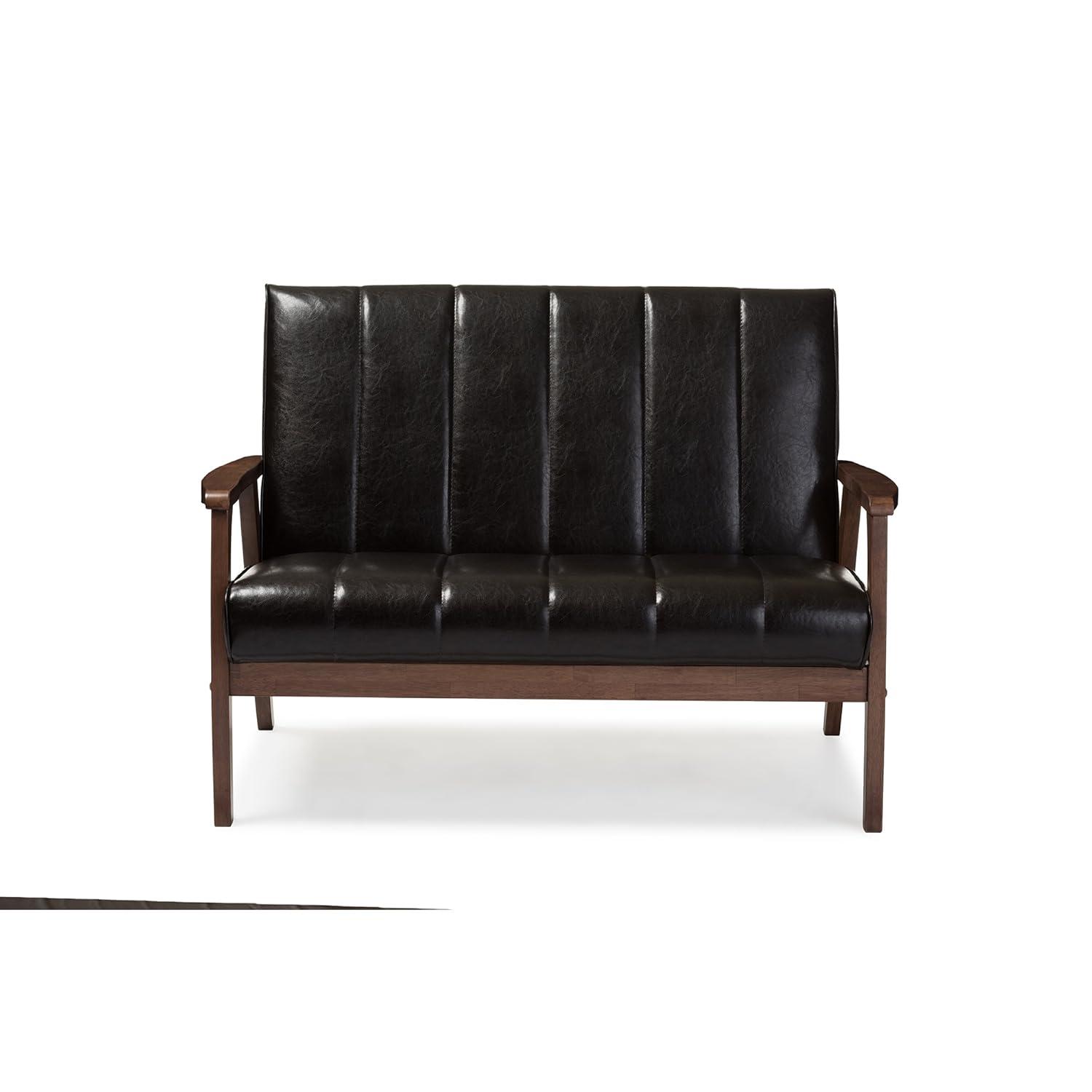 Nikko Mid-Century Modern Scandinavian Style Faux Leather Wooden 2 Seater Loveseat Dark Brown - Baxton Studio: Compact, Rubberwood Frame, Easy to Clean