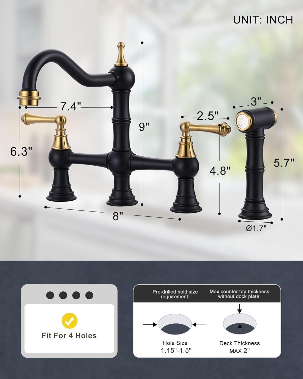 WOWOW Double Handle Bridge Kitchen Faucet with Side Sprayer in Gold and Black