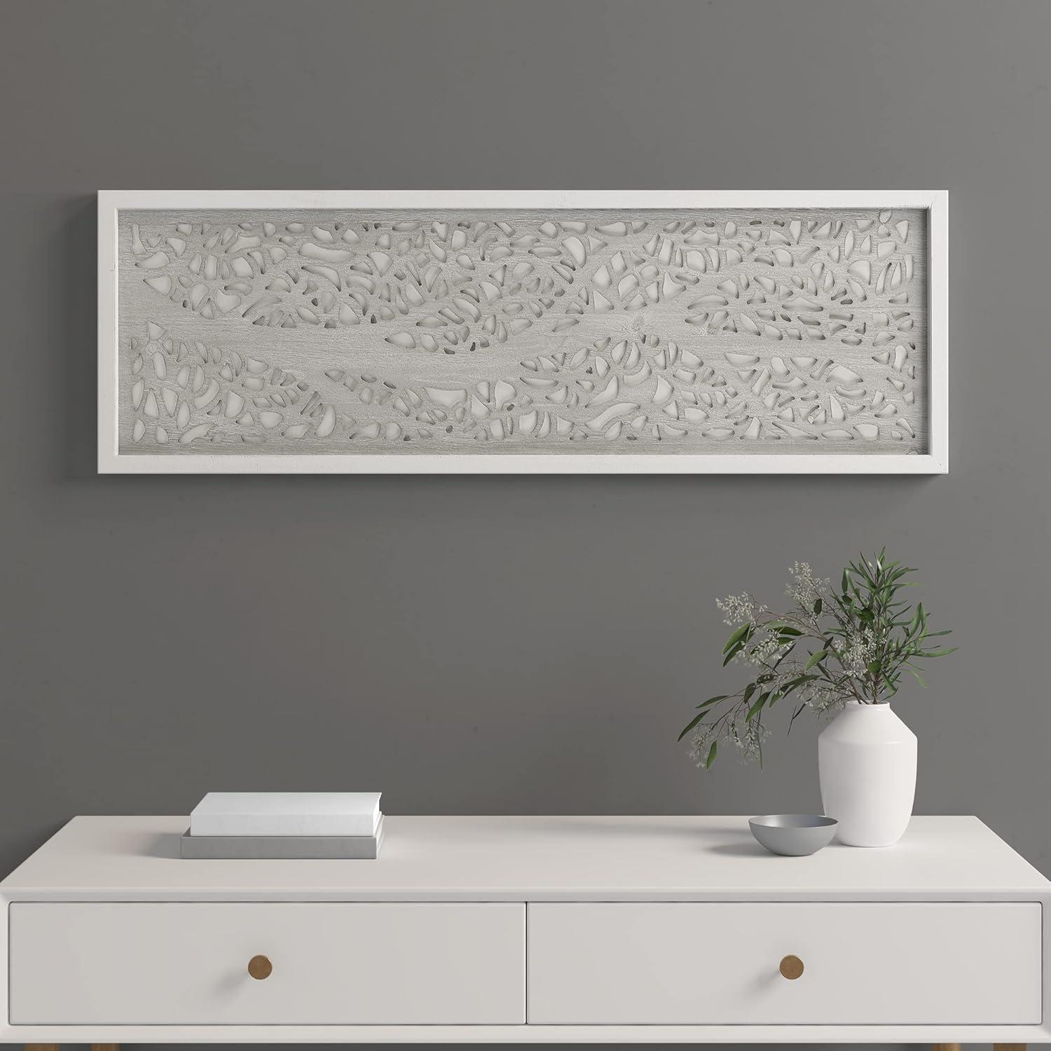 Madison Park Laurel Branches Carved Wood Wall Decor Panel Gray: Modern Botanical MDF Art, All Ages Oriented