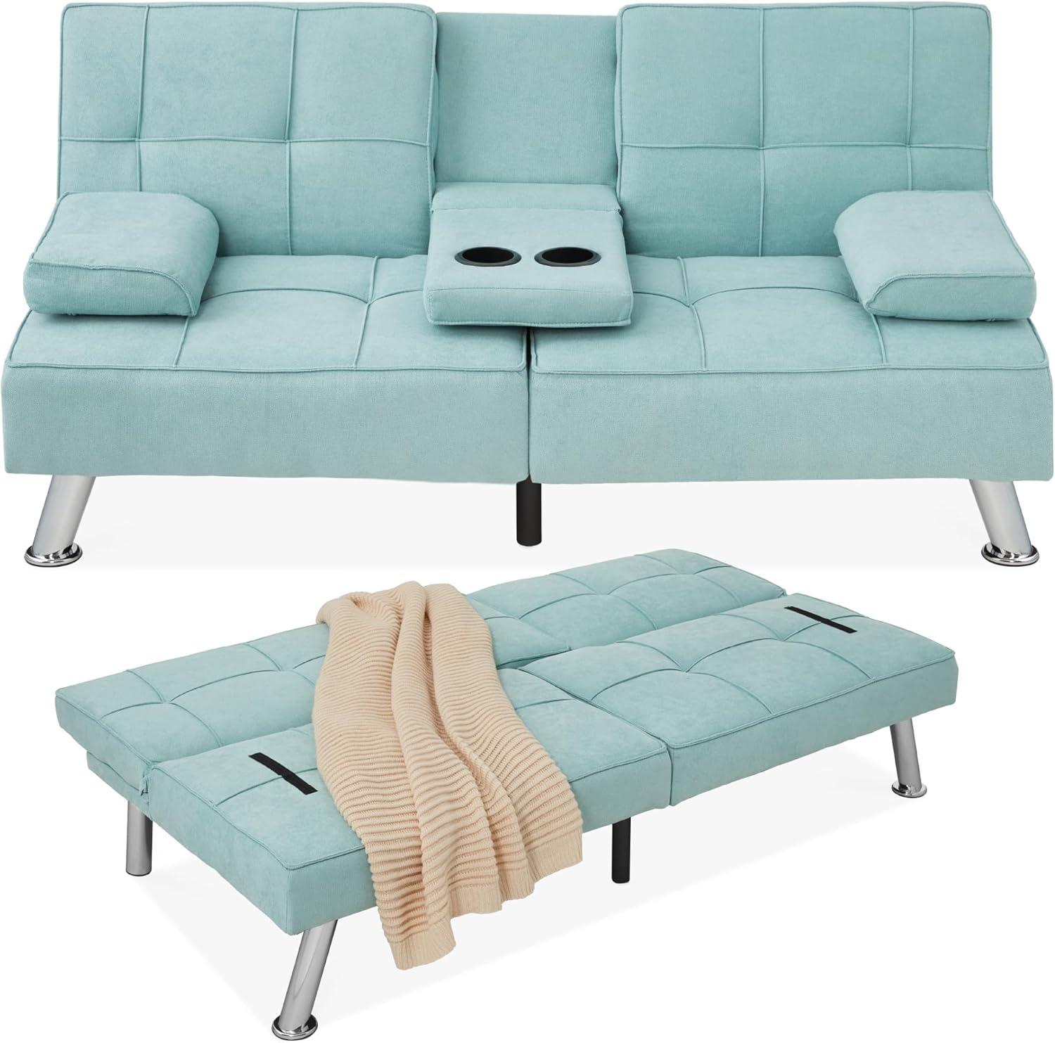 Best Choice Products Modern Linen Convertible Futon Sofa Bed w/ Removable Armrests, Metal Legs, Cupholders - Aqua