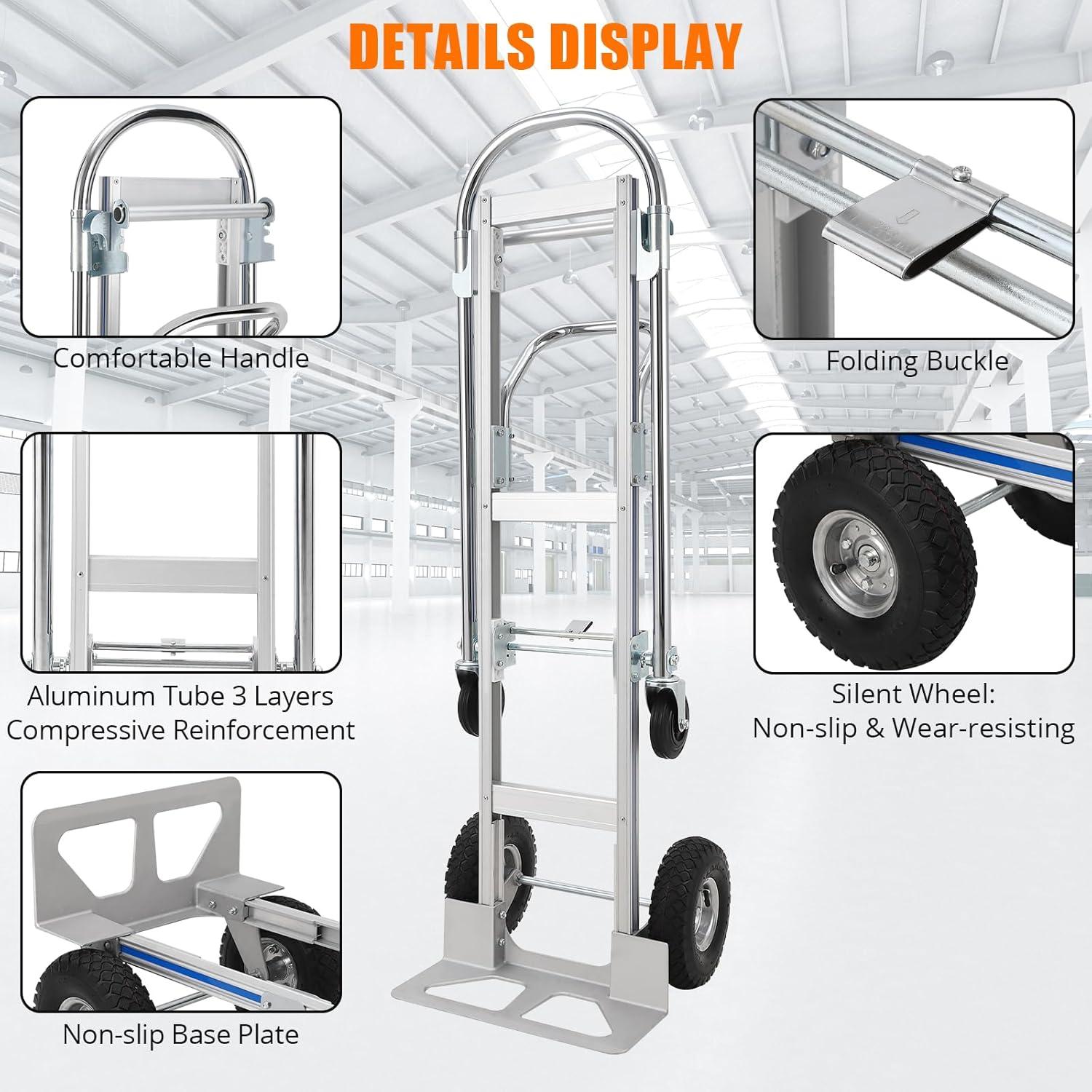 Silver Aluminum Folding Hand Truck Dolly with Wheels, 770 lbs Capacity