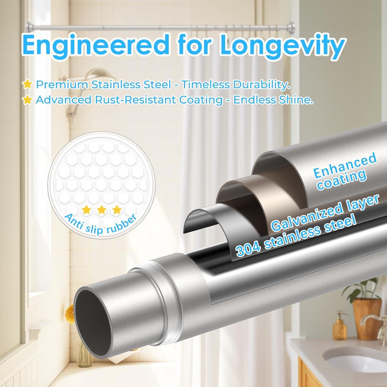 AIZESI Brushed Nickel Shower Curtain Rod, Adjustable 41-75 Inch Tension Shower Curtain Rod, 1" Diameter Shower Rod No Drilling, Anti-Slip, Premium Stainless Steel Anti-Rust