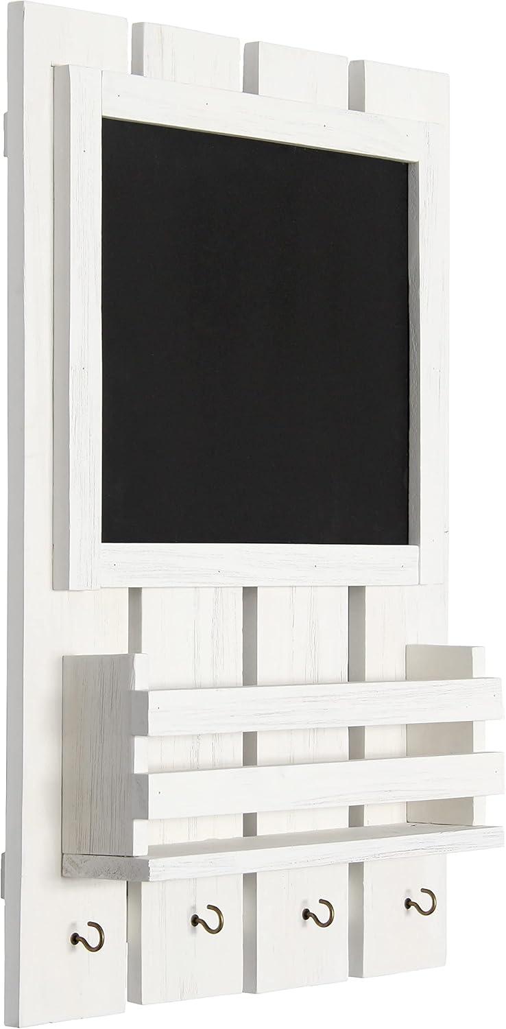 White Wash Wooden Chalkboard Sign with Key Holder Hooks and Mail Storage