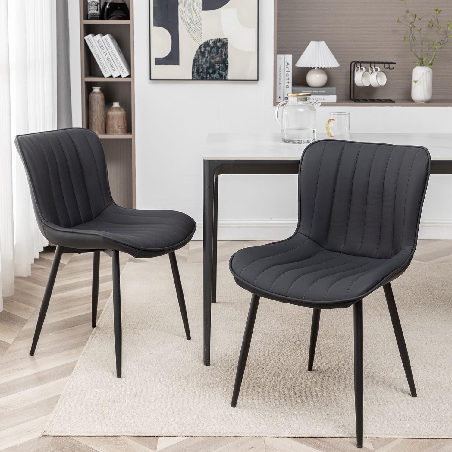 Office Chair, Mid Century Modern Upholstered Dining Chairs, Chair, 2 PCS leather Upholstered Dining Chair, with Backrest and Metal Legs, Dining Room, Bedroom, Office, Meeting Room, Black-stripe