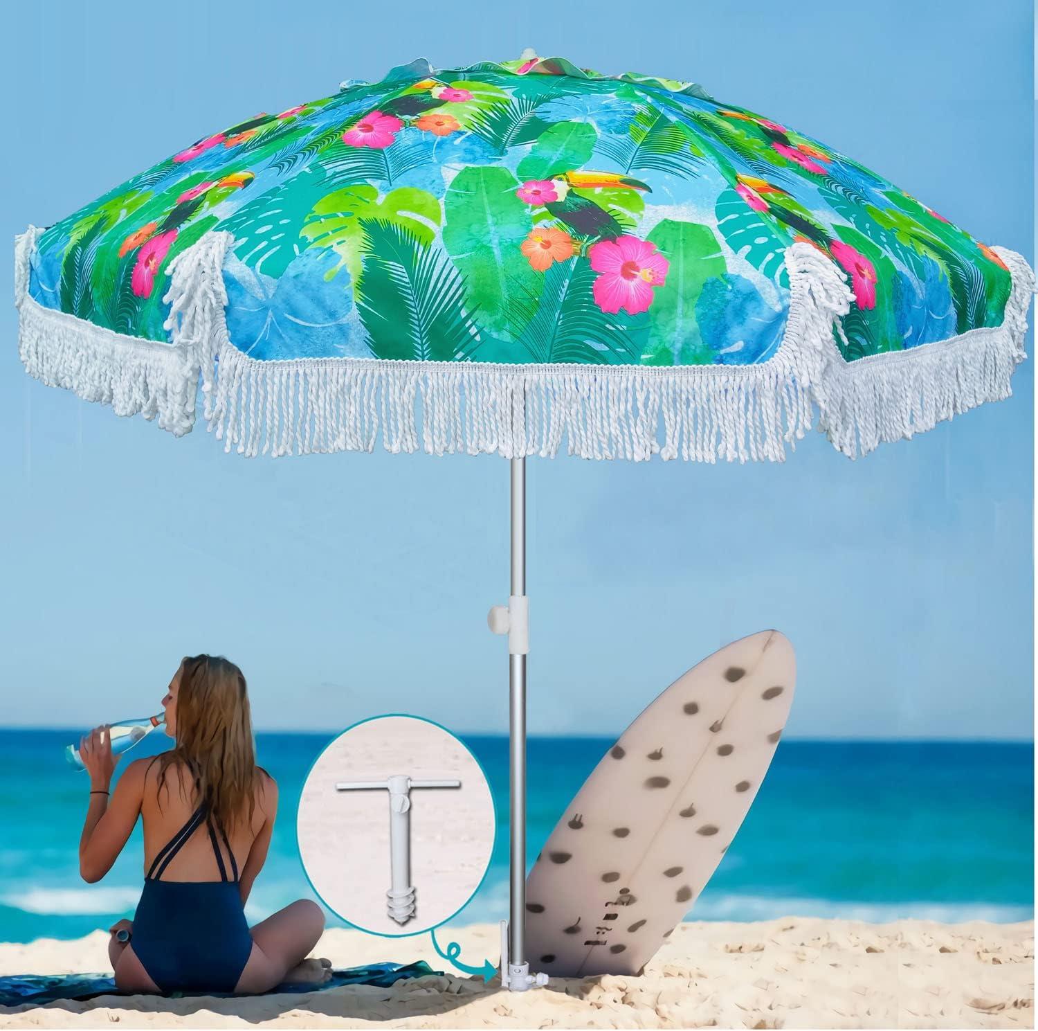 AMMSUN 6.5ft Outdoor Patio Beach Umbrella Sun Shelter with sand anchor and fringe UV50+ Sun Protection, Lightweight, Portable & easy,Perfect for Beach, Camping, Sports, pool,Gardens, Balcony and Patio