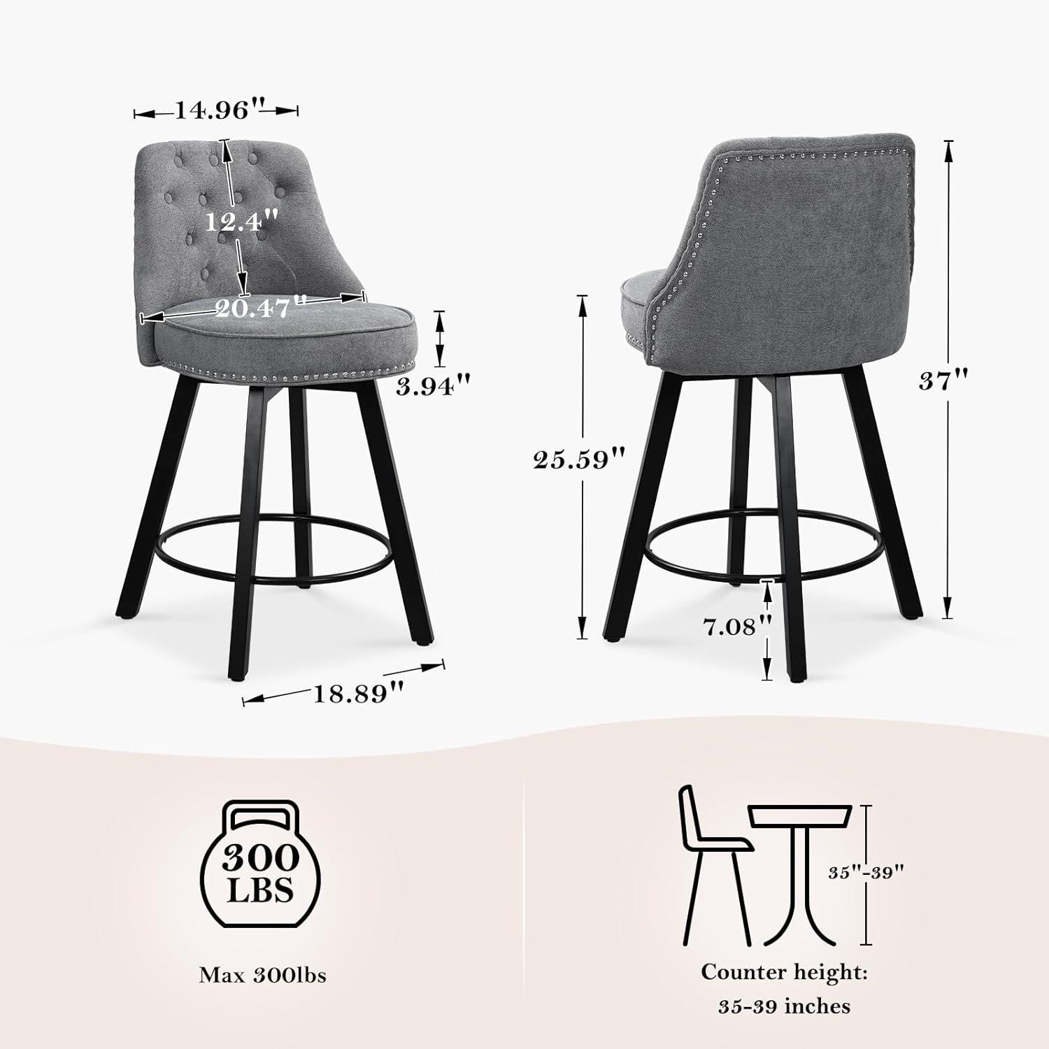 26'' Gray Linen Upholstered Swivel Bar Stools with Wood Legs